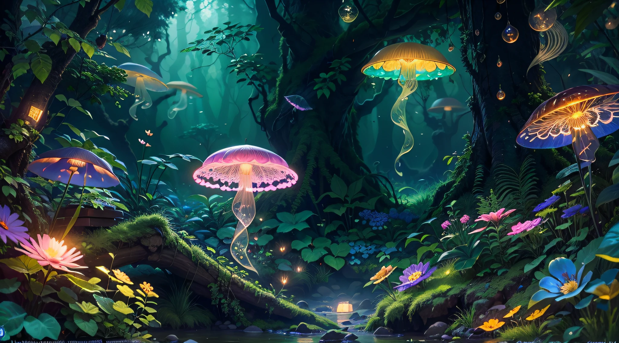 (best quality,4k,8k,highres,masterpiece:1.2),ultra-detailed,(realistic,photorealistic,photo-realistic:1.37),fantasy jungle,floating jellyfish,blue leaf,pink butterfly,firefly,glowing mushroom,strange-looking tree,black vines,strange-looking flowers,colorful flowers and tree,artistic rendering,ethereal atmosphere,vibrant colors,dappled sunlight,lush greenery,majestic tree canopies,mysterious shadows,unexplored paths,hidden creatures,enchanting foliage,whispering leaves,surreal plants,gentle rustling,illuminated petals,dream-like glow,mesmerizing luminescence,glimmering fireflies,twinkling stars,
mystical ambiance,intricate details,airy and magical,ethereal beauty,peaceful serenity,secluded oasis,enchanted escape,enigmatic depths,unearthly tranquility