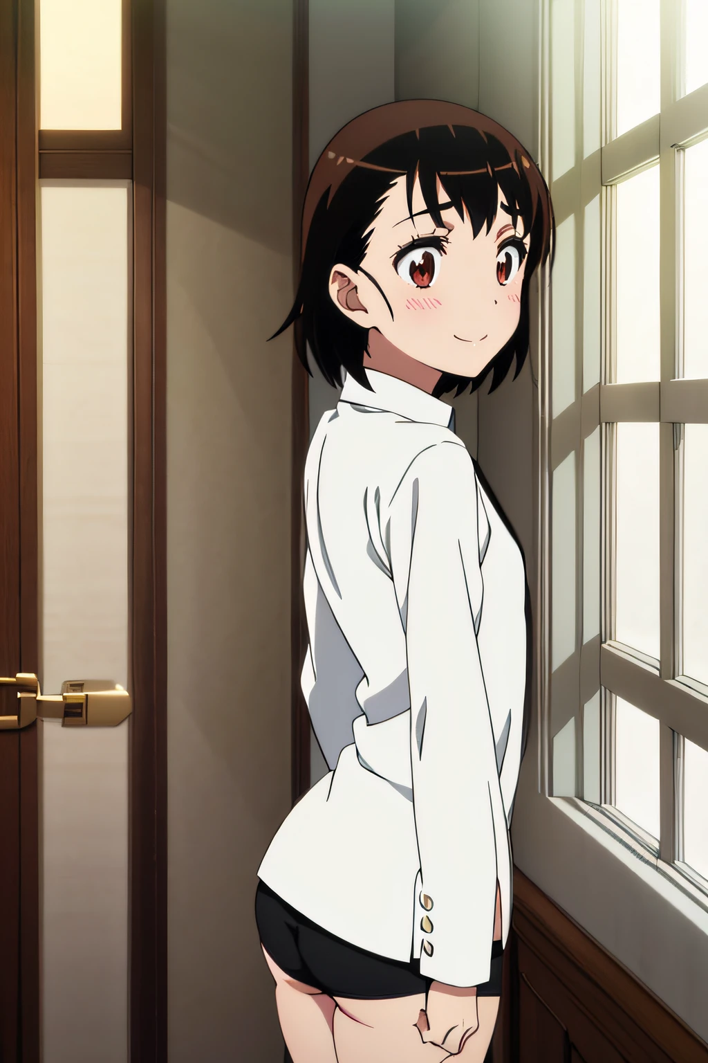 White shirt with front button、Sexy black panties、biologically correct、red blush、Troubled eyebrows、shyly smile、light brown hair、inside in room、Sunlight coming in through the window、Thin eyebrows、Turn your ass towards me、Looks Back, Shorthair