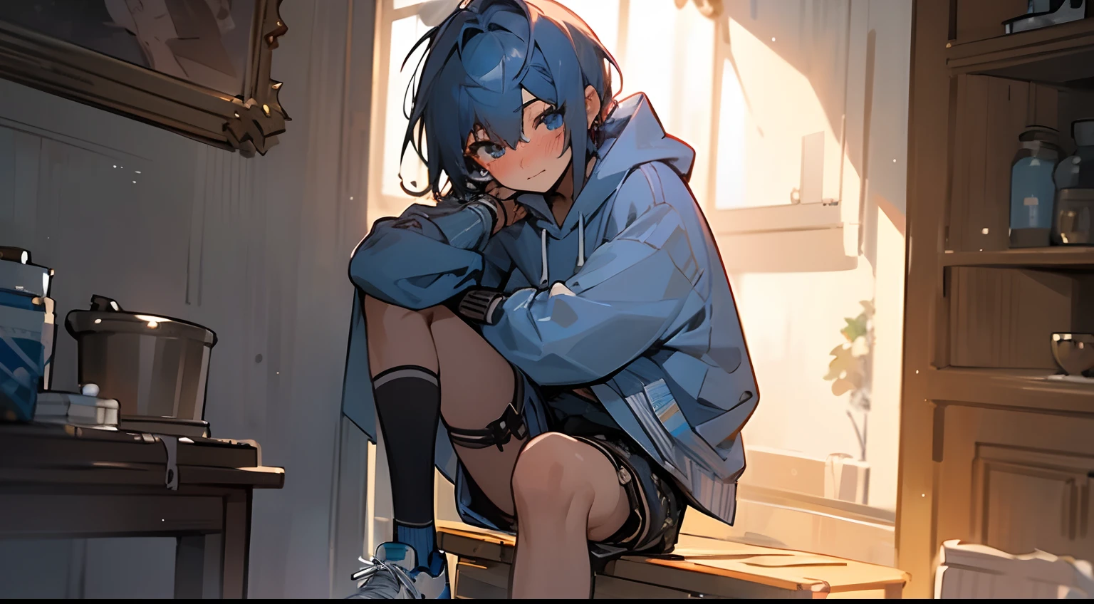Best quality,Highly detailed,Masterpiece,Ultra-detailed,illustration,gaming console_CG,Striped hair,Medium hair,Blue hair,{Hoodie },cross-laced_Footwear,thigh band,Adhesive bandage,{{Boy}},[Student],Blush,{nose blush },Stand, against a wall,shirts lift,Bare navel,indoor