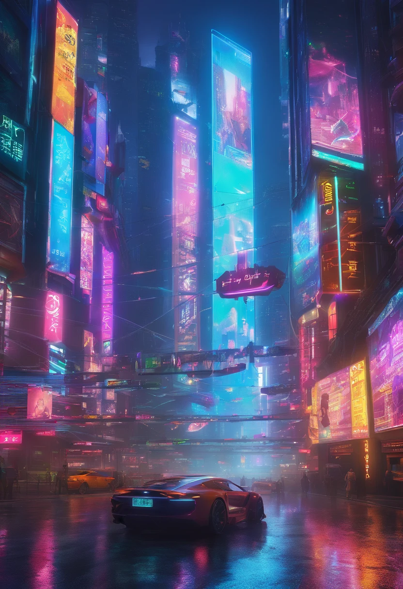 (best quality,8k,highres,masterpiece:1.2),ultra-detailed,(realistic,photorealistic,photo-realistic:1.37),future world dominated by artificial intelligence,extremely realistic depiction of a futuristic cityscape with advanced technology,impressive architecture and flying vehicles,[vivid colors],[studio lighting],dazzling neon lights reflecting on wet streets,wet pavements and raindrops adding a cinematic feel,massive holographic billboards displaying advertisements and information,advanced AI-powered robots engaging with citizens and performing various tasks,[concept artists],impressive and intricate city skyline with towering skyscrapers and futuristic infrastructure,[HDR],[UHD],[sharp focus],[physically-based rendering],[extreme detail description],rainy weather with dramatic clouds and diffused lighting,reflective surfaces and glass windows adding an extra level of realism,seamless integration of humans and machines,artificial intelligence assisting people in their everyday lives,an air of mystery and intrigue,technological innovations that enhance human experience and daily activities,[horror],[anime],[sci-fi],[photography]