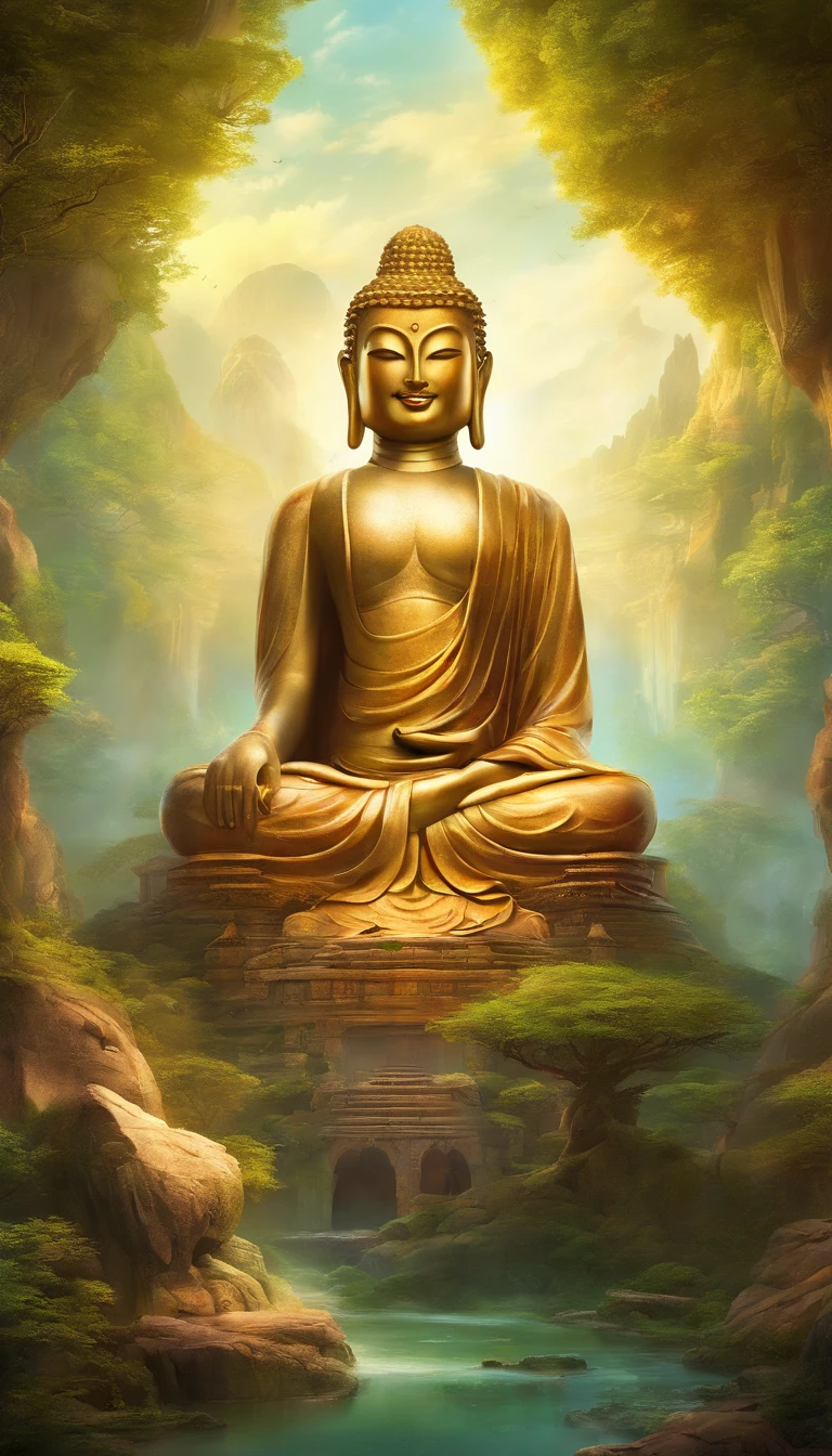 der riese, Realistic depiction of Leshan Buddha, Blend seamlessly with nature, surrealism, Ultra-detailed, Photorealistic:1.37, 3D rendering of a, Cinematic lighting, Divine Light, Ultra-high definition, masutepiece:1.2, Textured skin, Best Quality, High resolution, size 16:9