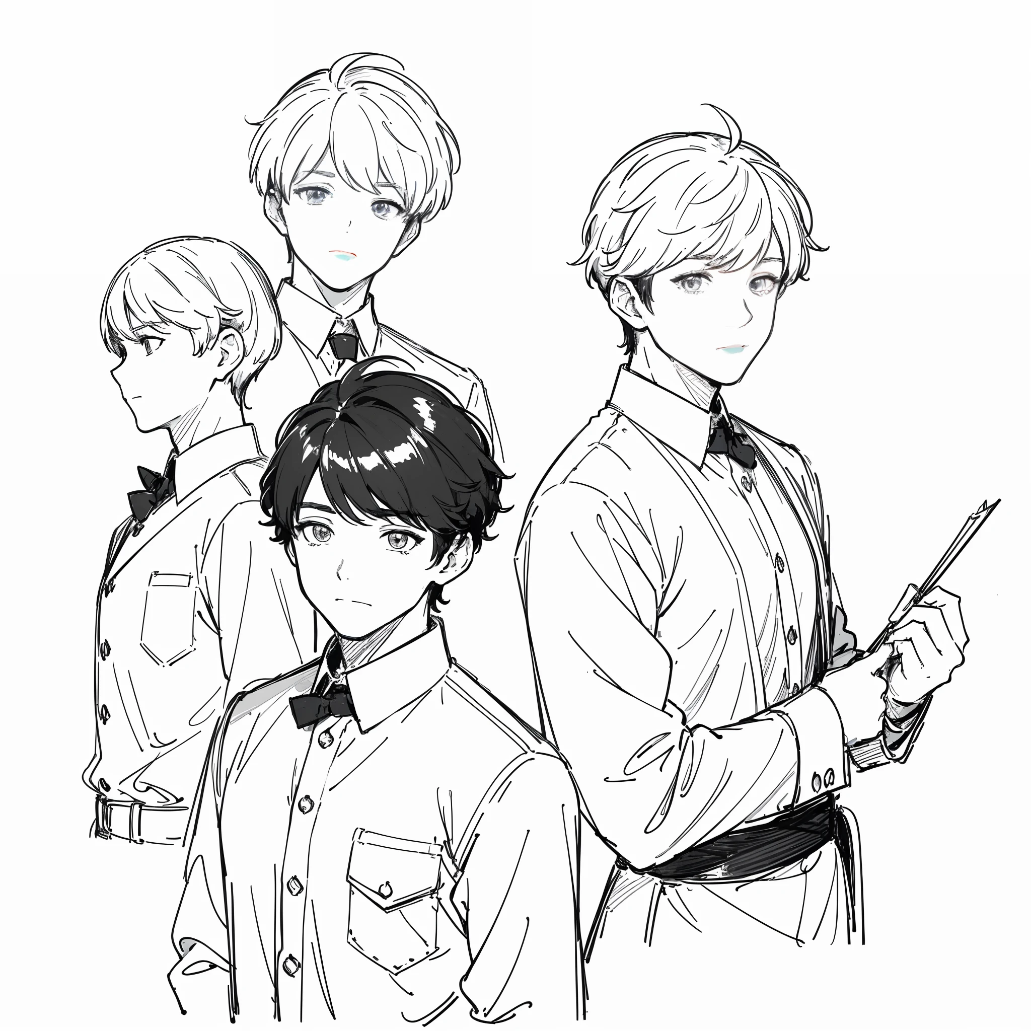 ((masterpiece)),(((best quality))),((((sketch)))),((monochrome)),(character design sheet), same character, front, side, back), illustration, (1 boy), hair color, bangs, hairstyle fax, eyes, environment change scene, Hairstyle Fax, Pose Zitai, (Men), Shirt Shangyi, Star, Charturnbetalora, (simple background, white background: 1.3), --6