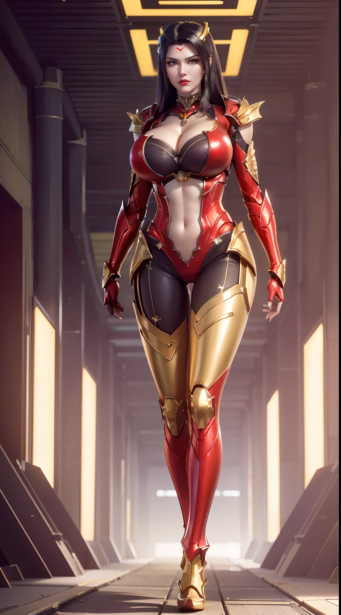 (1GIRL, ALONE, SOLO), (super detailed face), (black long hair: 0.8), ((Phoenix Headwear)), (BIG BUTTOCKS, MUSCLE ABS, CLEAVAGE, HUGE FAKE BREASTS:1.5), (GOLD MECHA GUARD ARM:1.3), (RED SHINY MECHA CYBER ARMORED, PURPLE MECHA SKINTIGHT SUIT PANTS, MECHA GUARD ARMOR LEGS, HIGH HEELS:1.5), (THICC MUSCULAR FEMALE BODY, GLOWING SKIN, LONG LEGS, FULL BODY:1.1), (LOOKING AT VIEWER:1.3), (female focus:0.886), (WALKING DOWN HALLWAY OF FUTURISTIC SPACE STATION:1), (BRIGHT LIGHT WHITEROOM:1.2), SUPER TEXTURE, UNREAL ENGINE RENDER, PHYSICALLY-BASED RENDERING, ULTRA HIGHT DEFINITION, 16K, 1080P.