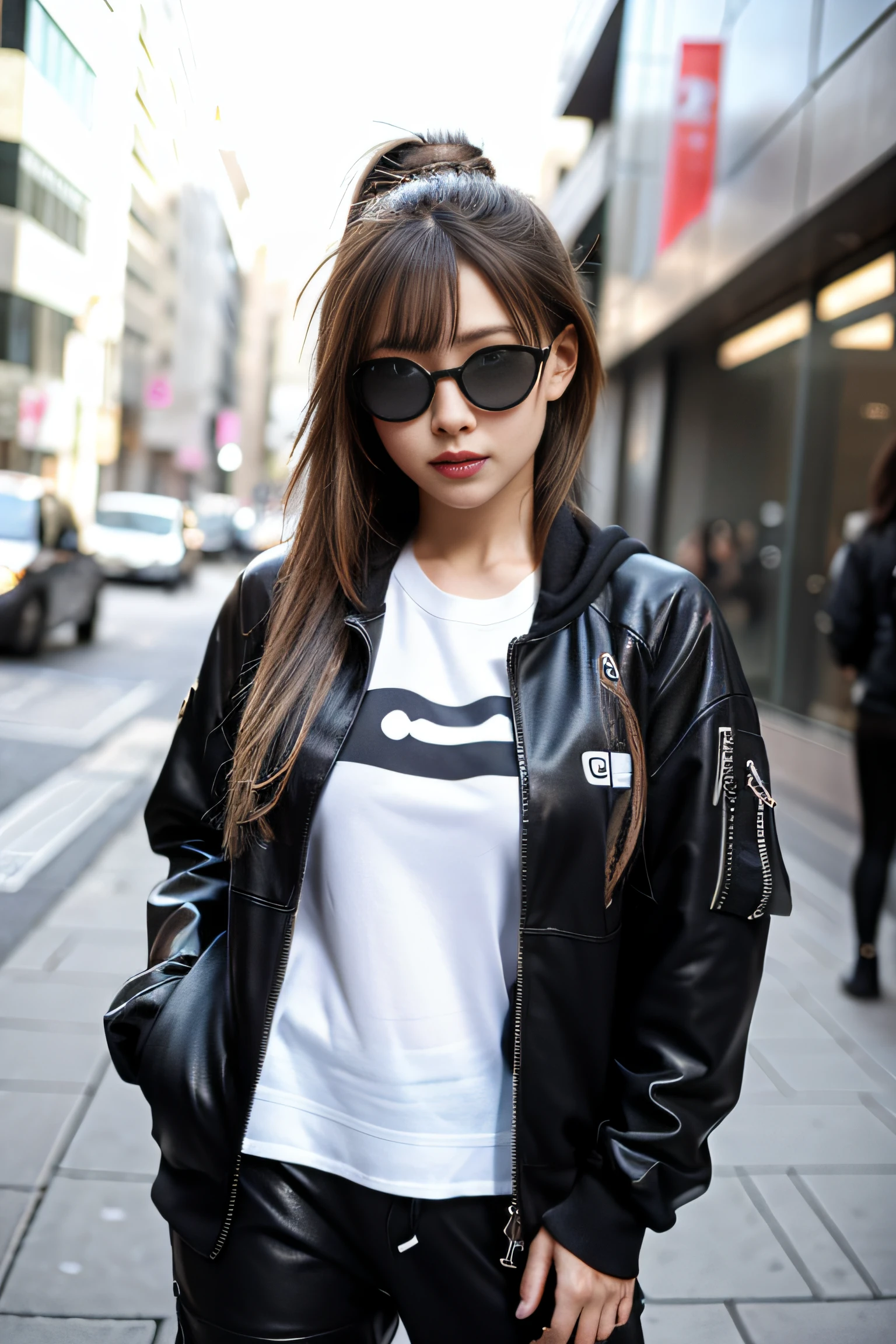 1girl,AgoonGirl,urban techwear, outfit, Detailedface, Detailedeyes, Circle, japanese famous actress, gyaru,