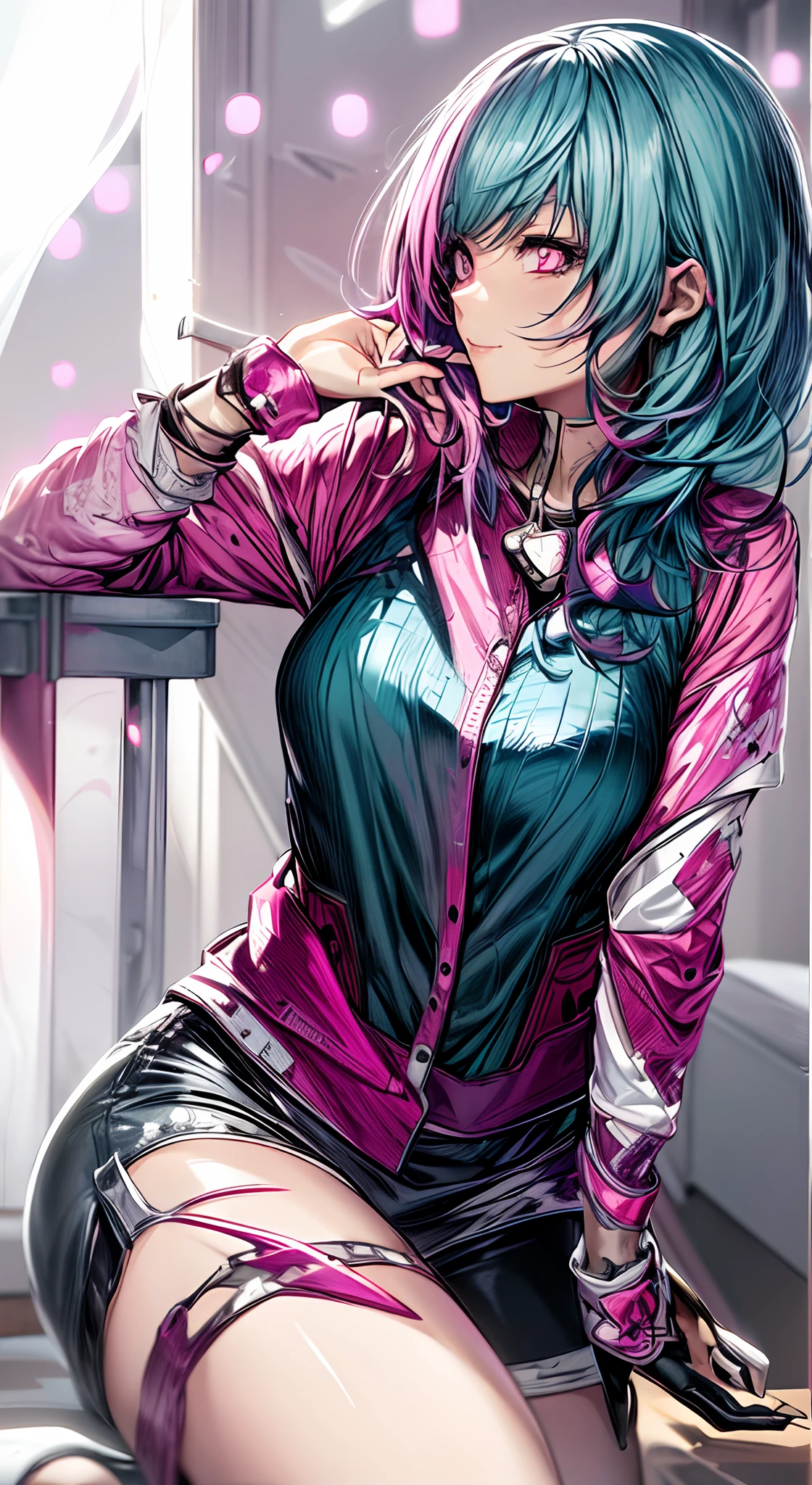 ((Big breasts)), 1girl in, Solo, Long hair, Looking at Viewer, Smile, hat, hair between eye, Very long hair, Blue hair, Upper body, Pink hair, heart mark, Detached sleeves, pointy ear, artist name, Pink eyes, striated hair, Nurse Cap, Nurse, (masutepiece,Best Quality:1.5)Ahegao ( Silly / Sexual ecstasy)、the detail