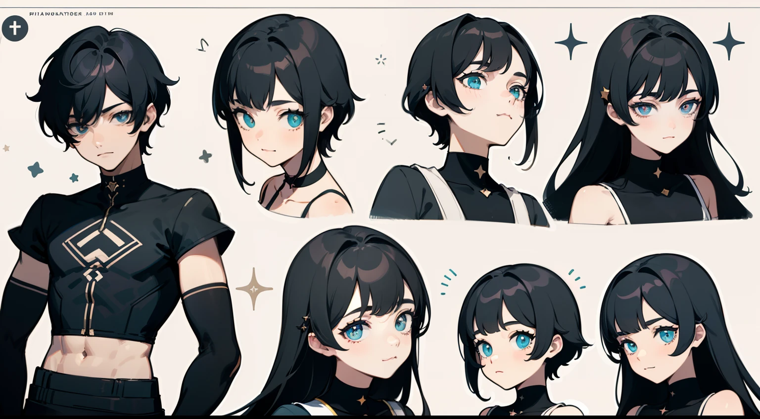 ((Masterpiece, Highest quality)), Detailed face, character sheets, full bodyesbian, Full of details, Multiple poses and expressions, Highly detailed, Depth, Many parts, 1boys , Children all over the body :3, Black crop top, mitts, Stockings, Black choker, The eye, Star (symbol), pupils in symbol shapes