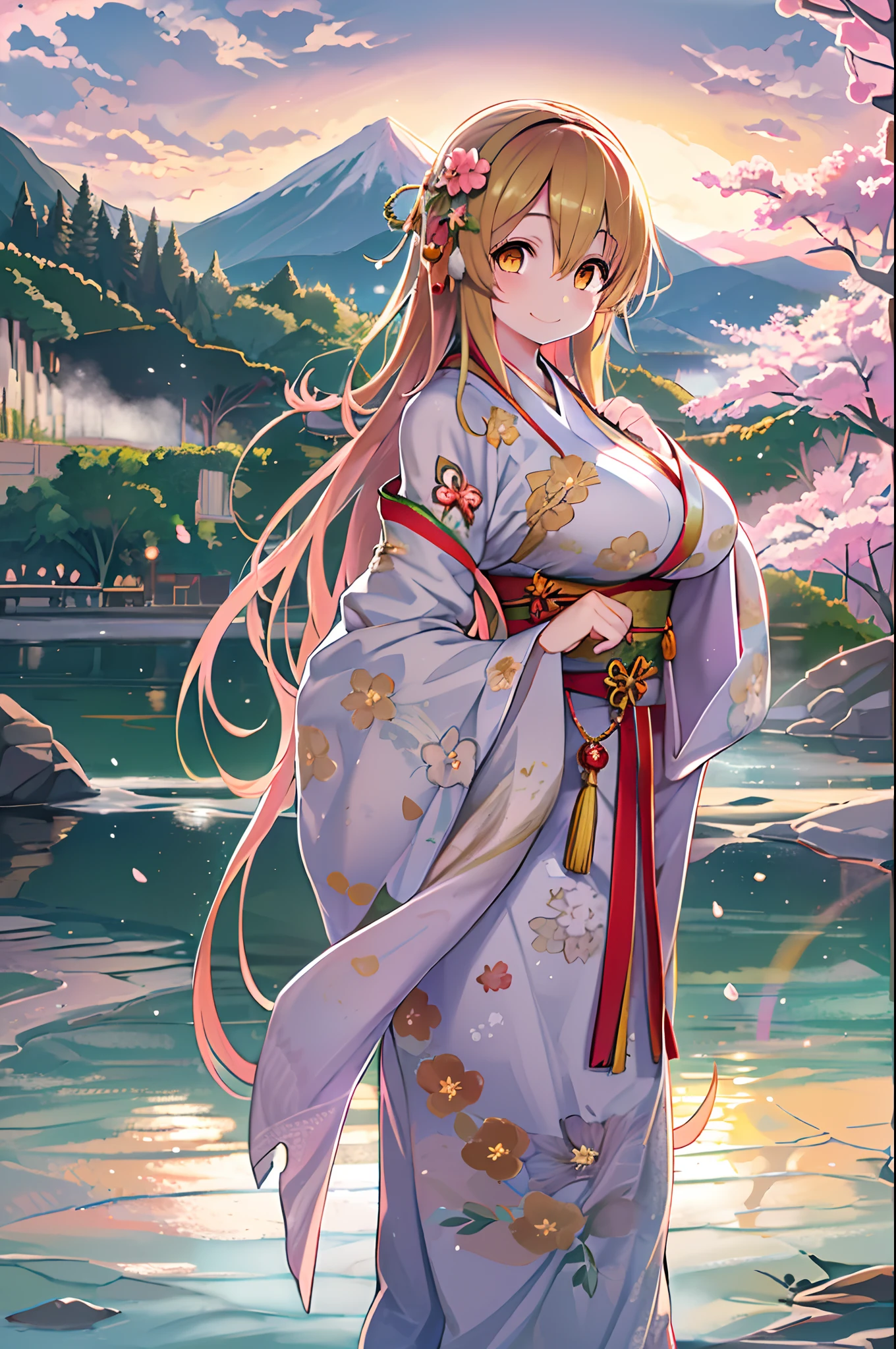 Asuna, masutepiece, Best Quality, Detailed, (1girl in), Solo, Detailed golden eyes, Long hair, Standing, close to viewer, (detailed kimono), lightsmile, medium breasts,  (arms behind back), Water, Sunset, (Hair Ornament), (cherryblossom),  snow mountain lake in the background