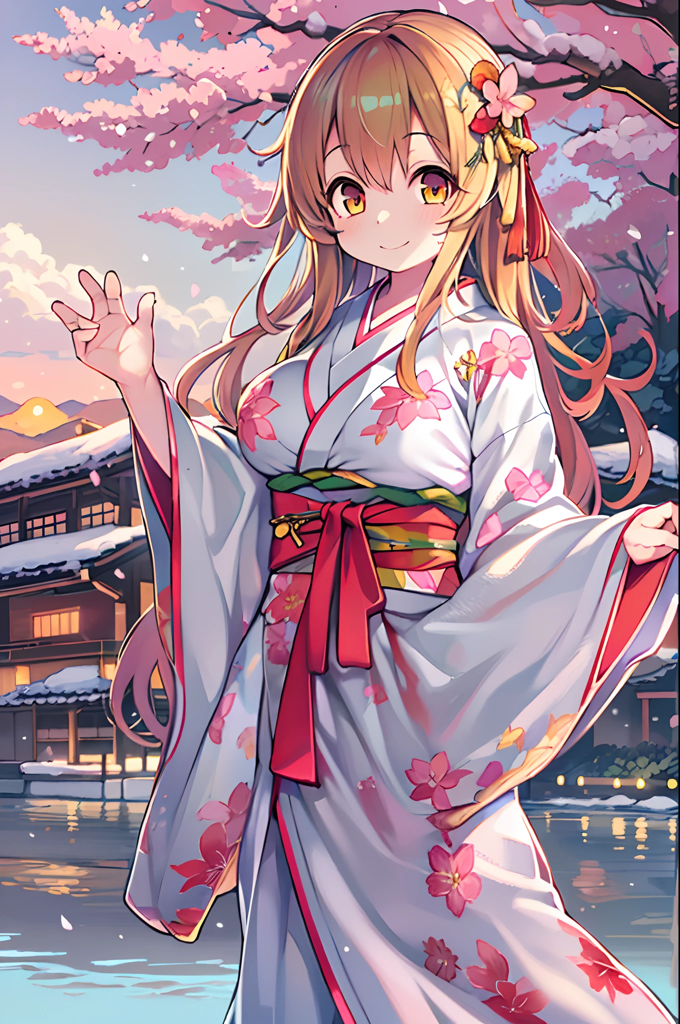 Asuna, masutepiece, Best Quality, Detailed, (1girl in), Solo, Detailed golden eyes, Long hair, Standing, close to viewer, (detailed kimono), lightsmile, medium breasts,  (arms behind back), Water, Sunset, (Hair Ornament), (cherryblossom),  snow mountain lake in the background