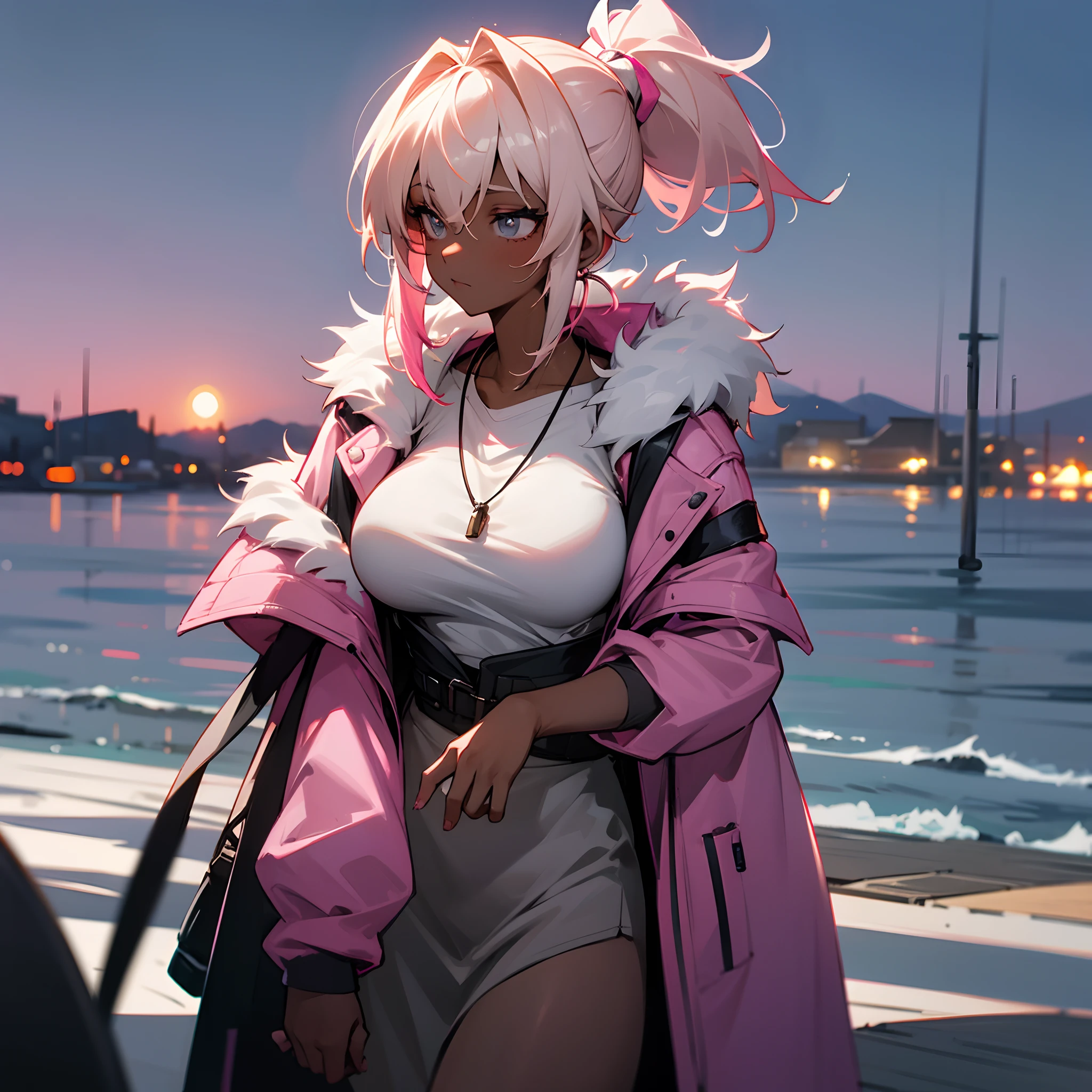 1female, dark skin, big breast, pale blonde side ponytail with pink highlights, grey eyes, loose casual clothes, jacket with oversized fur hood, necklace, best lighting and shadows, night time fishing village