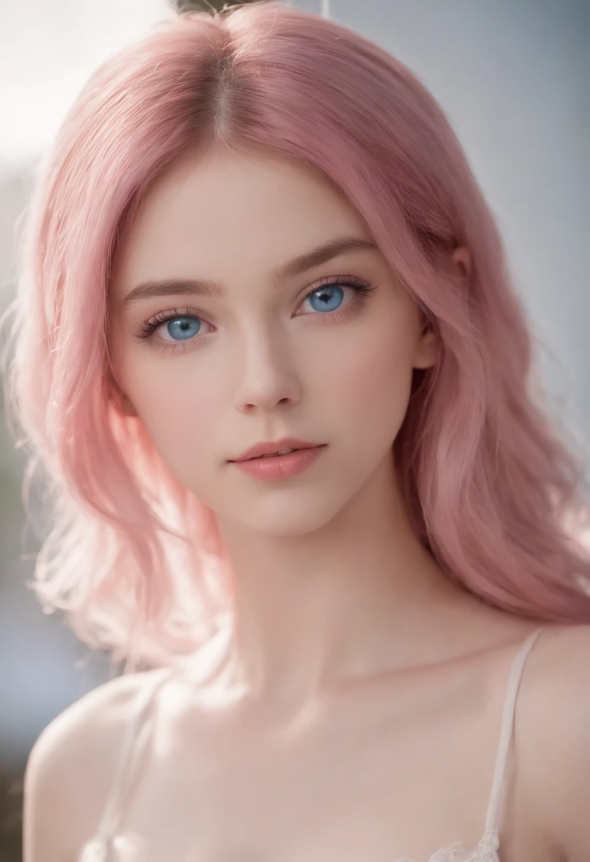 Corps, completo, Detailed blue eyes, 18 year old anime girl, barechested, completely, No censorship, , pretty anime girl, A pink-haired, Volume 2, Pink sweatpants, Professional Lighting, photo realistic render