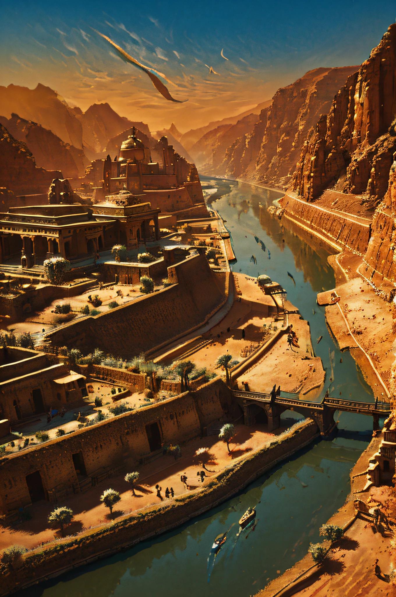 (Ultra photo realsisim, Intricate, epic cinematic scenery),(Create a photorealistic image of the landscape in the year 2500 BCE in the region encompassing present-day Pakistan and north-western India. The scene should portray a pristine environment with flowing rivers, lush vegetation, and small settlements of the Indus Valley Civilization. People go about their daily activities, tending to fields, herding cattle, and trading goods. Ancient architecture, such as the distinctive structures of the time, can be seen along the banks of the Indus River. The atmosphere should capture the essence of an advanced and thriving ancient civilization, highlighting its agriculture, culture, and urban planning, as it existed over four millennia ago.)

This photorealistic prompt aims to recreate the landscape and life of the Indus Valley Civilization during 2500 BCE in a historically accurate and immersive manner.) (In the bustling port), (Intricate, A lot of small details, Amazing lighting, stunning environment), (Colorful, Ultra photo realsisim, High quality, Highly detailed, Sharp focus, 8K  UHD, ultra-realistic realism), crowd of people at the market