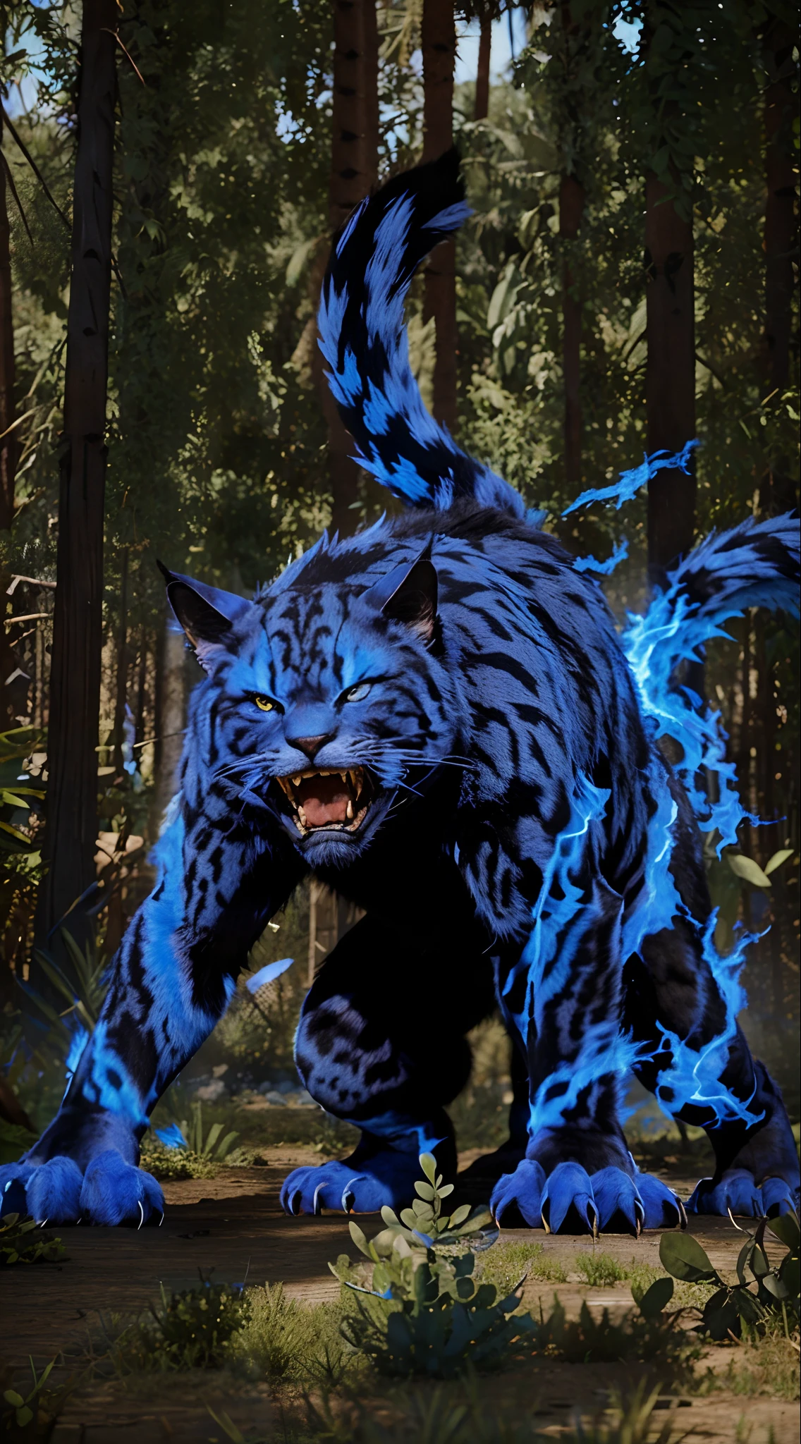 Realistic Giant monster, its head resembles an angry Cat, has 2 tail, The same blue fur and black markings,His entire body was surrounded by an aura of blue fire, realistic light, realistic shadow, realism, hyper realistic,(photorealistic:1.2), realistic desert background