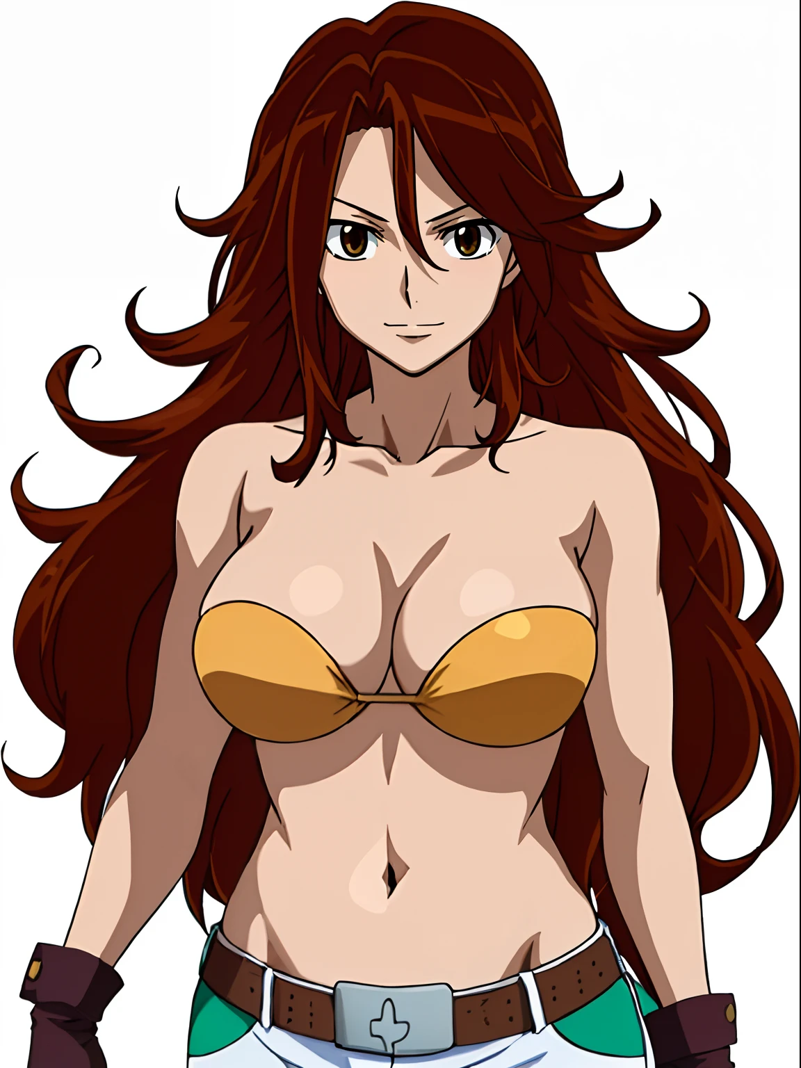 ((solo)), Best Quality, hires, curvy midsection, (strong woman, female wrestler, detailed muscles), smile, happy), upper body only, anime style: 1.8, anime drawing, ultra detailed face, ultra detailed body, 4k, Sumergai Lee Noriega, (standing), best quality, anime style, hires, highest definition, digital blending, bold drawing lines, (((White Background))), ( (pro female wrestler), long attractive belly, slim body, ((strong arm muscles)), broad shoulders , off-shoulders, closed fists, (strapless bikini, shorts, white gloves, , arm band, (champion belt))), (big breasts, closed mouth), (big eyes, brown eyes, shiny eyes), (reddish hair, loose hair, curly hair, wavy hair, long hair, floating hair), 27 years old