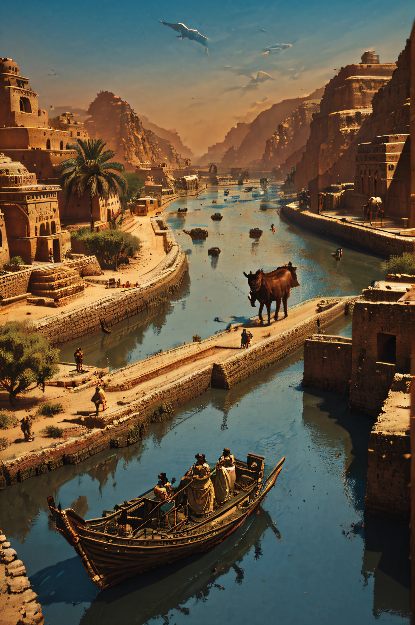 (Ultra photo realsisim, Intricate, epic cinematic scenery),(Create a photorealistic image of the landscape in the year 2500 BCE in the region encompassing present-day Pakistan and north-western India. The scene should portray a pristine environment with flowing rivers, lush vegetation, and small settlements of the Indus Valley Civilization. People go about their daily activities, tending to fields, herding cattle, and trading goods. Ancient architecture, such as the distinctive structures of the time, can be seen along the banks of the Indus River. The atmosphere should capture the essence of an advanced and thriving ancient civilization, highlighting its agriculture, culture, and urban planning, as it existed over four millennia ago.)

This photorealistic prompt aims to recreate the landscape and life of the Indus Valley Civilization during 2500 BCE in a historically accurate and immersive manner.) (In the bustling port), (Intricate, A lot of small details, Amazing lighting, stunning environment), (Colorful, Ultra photo realsisim, High quality, Highly detailed, Sharp focus, 8K  UHD, ultra-realistic realism), crowd of people at the market