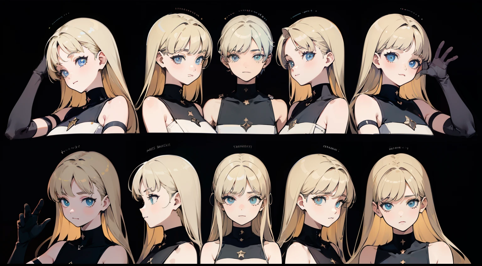 ((Masterpiece, Highest quality)), Detailed face, character sheets, full bodyesbian, Full of details, Multiple poses and expressions, Highly detailed, Depth, Many parts, 1boys , Children all over the body :3, Black crop top, mitts, Stockings, Black choker, The eye, Star (symbol), pupils in symbol shapes