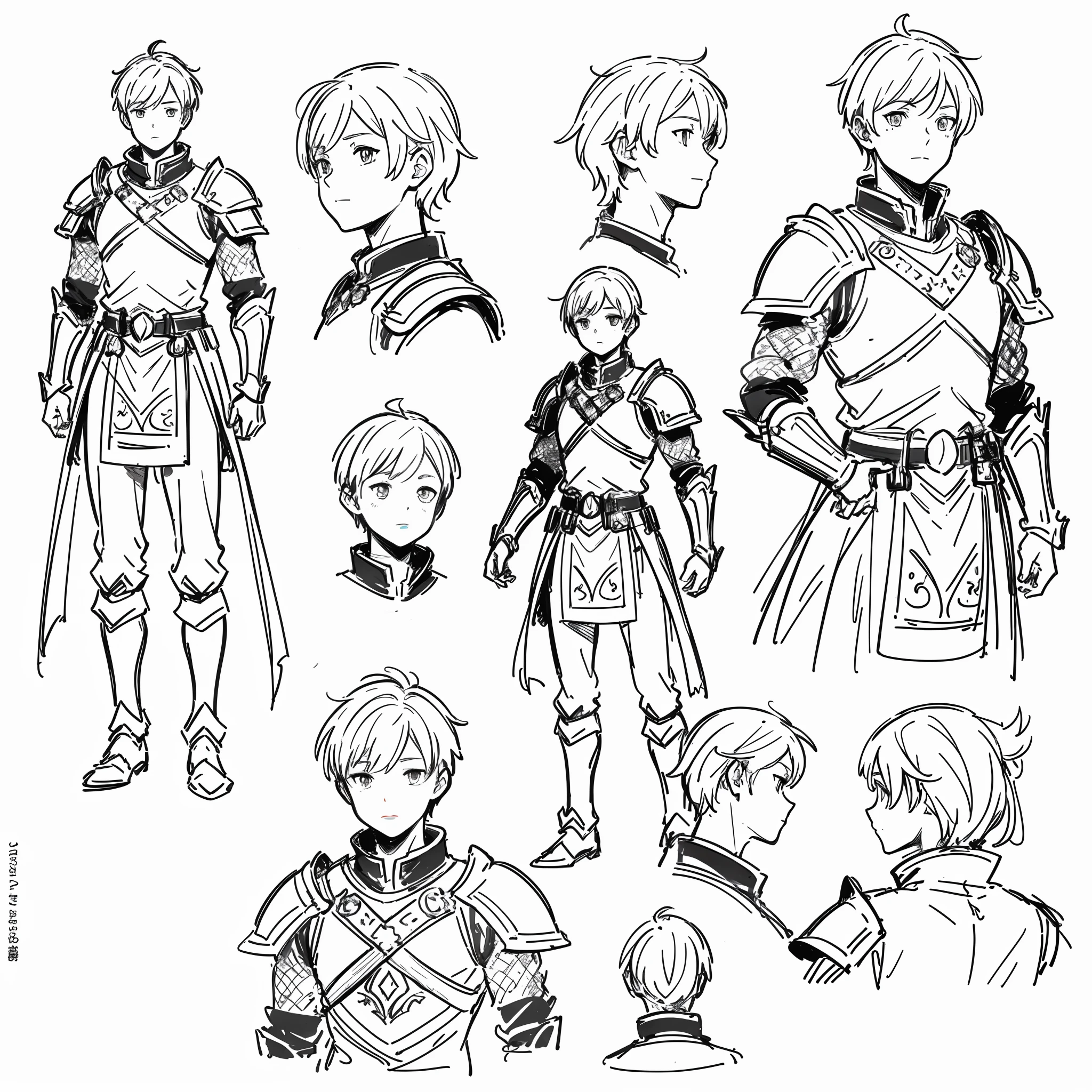 ((masterpiece)),(((best quality))),((((sketch)))),((monochrome)),(character design sheet), same character, front, side, back), illustration, (2 boy), hair color, bangs, hairstyle fax, (armor style), (simple background, white background: 1.3), --6