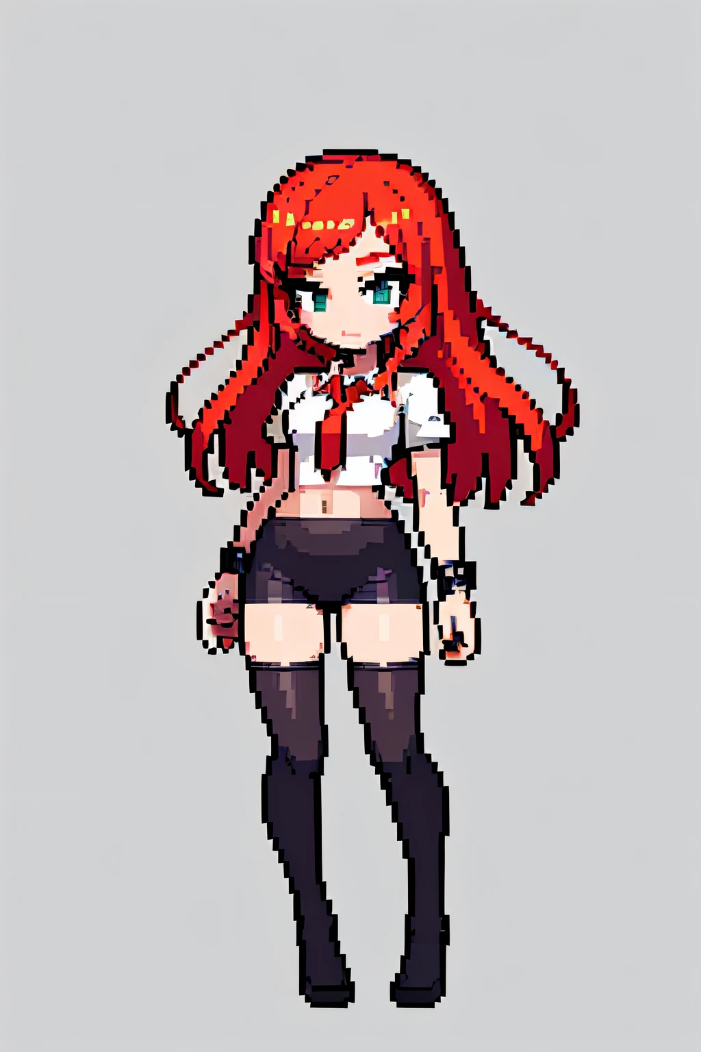 (masterpiece, top quality, best quality, less detail, 8-bit color), pixel,pixel art,1girl,full body, anime, highly detailed face, highly detailed eyes, highly detailed background, perfect lighting, 1girl, solo, full body, standing, latex legwear, white shirt, red hair, amulet