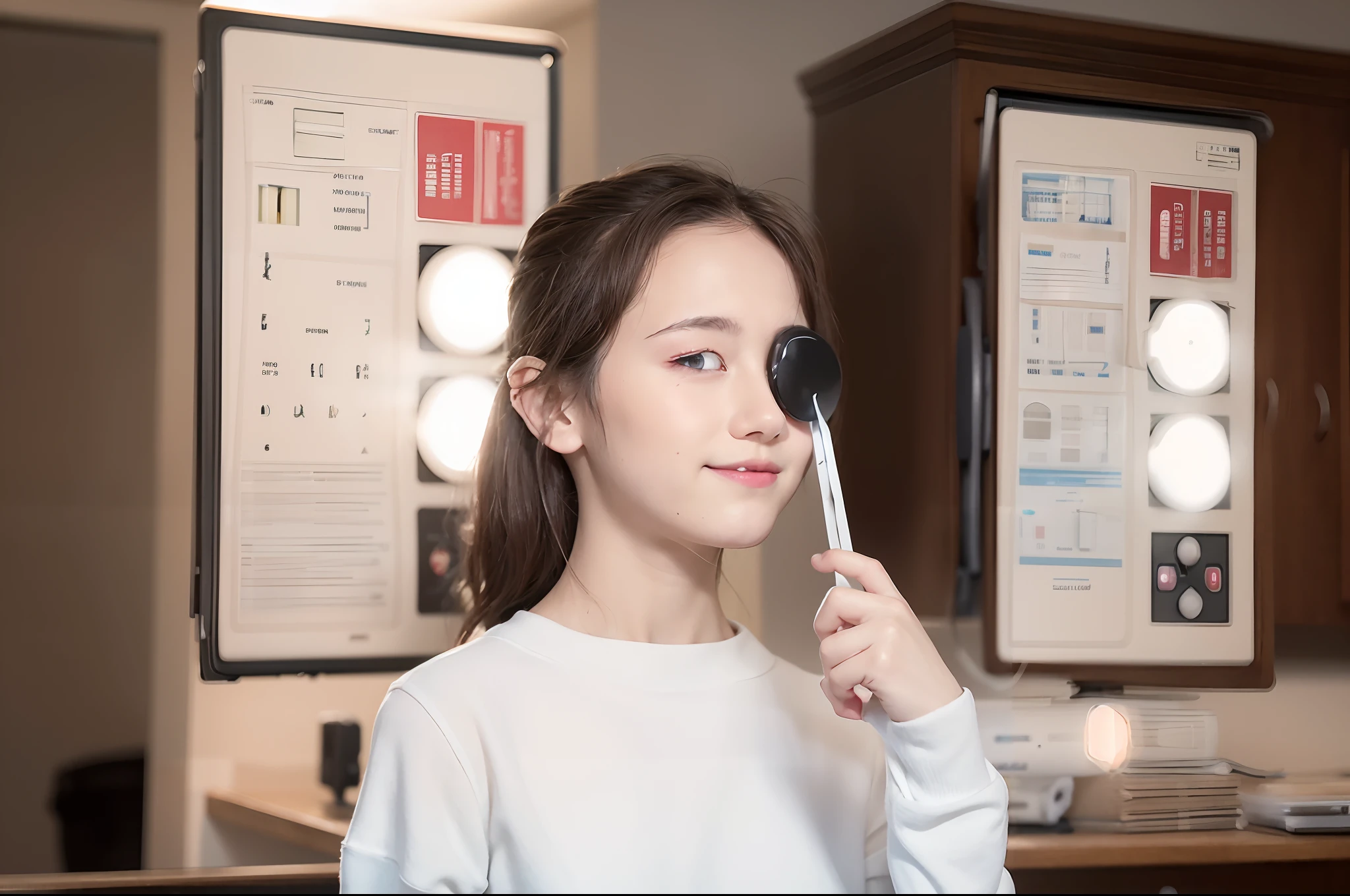 Alafeld girls, wearing an eye mask, Eyesight, Slight lens flare, Eye level, Exotropia, with accurate features, A macular woman dressed in white, Medical photography, Pupils visible, closing her eyes, Spotlight on the eyes!, odd eyes, Wearing an eye patch, The pupil is visible