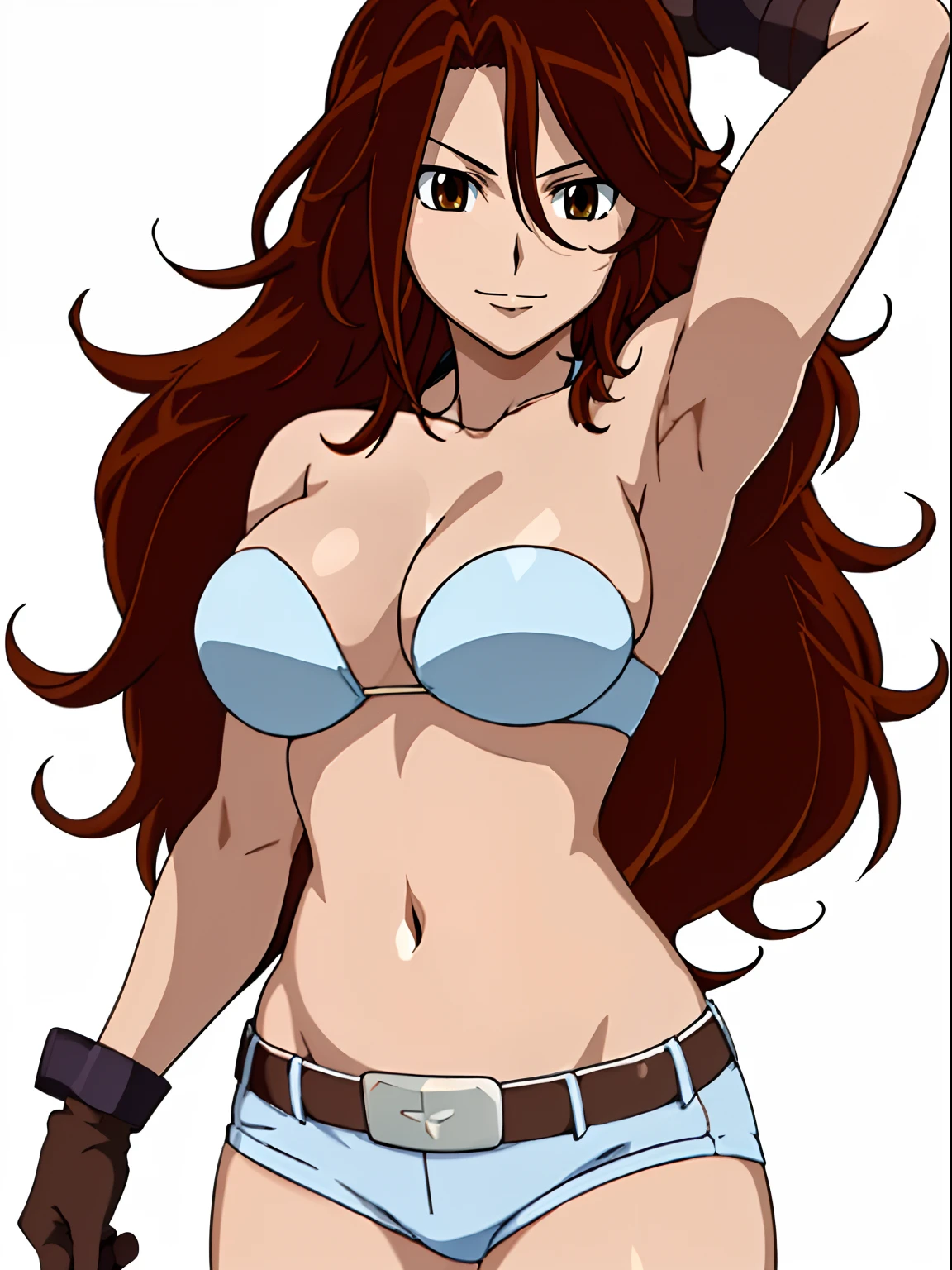 ((solo)), Best Quality, hires, curvy midsection, (strong woman, female wrestler, detailed muscles), smile, happy), upper body only, anime style: 1.8, anime drawing, ultra detailed face, ultra detailed body, 4k, Sumergai Lee Noriega, (standing), best quality, anime style, hires, highest definition, digital blending, bold drawing lines, (((White Background))), ( (pro female wrestler), long attractive belly, slim body, ((strong arm muscles)), broad shoulders , off-shoulders, closed fists, (strapless bikini, shorts, white gloves, , arm band, (champion belt))), (big breasts, closed mouth), (big eyes, brown eyes, shiny eyes), (reddish hair, loose hair, curly hair, wavy hair, long hair, floating hair), 27 years old