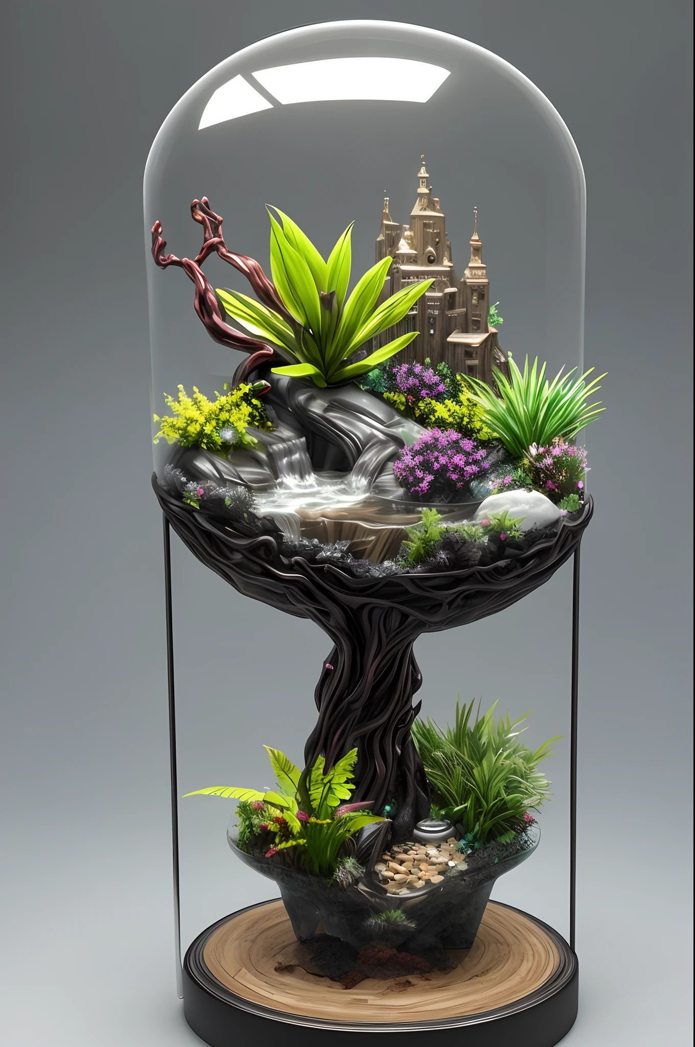 masterpiece of glass sculpture with plants inside, water, glowing, fantasy, high quality, high detail, best quality, rtx, 4k, 8k,