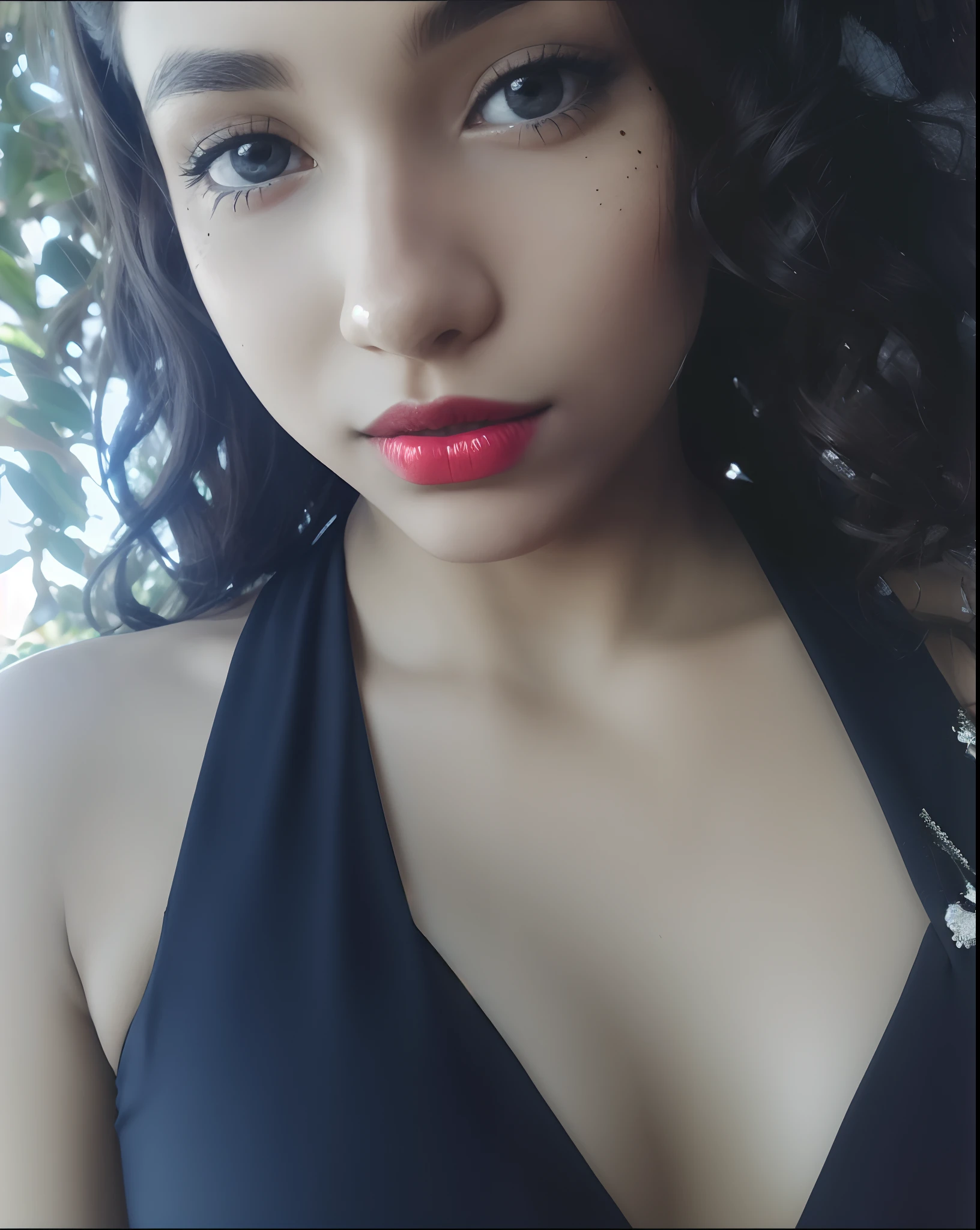 Garota de cabelo cacheado, cabelo cacheado, cabelo preto e cacheado, Girl with a birthmark on her nose, red-lips