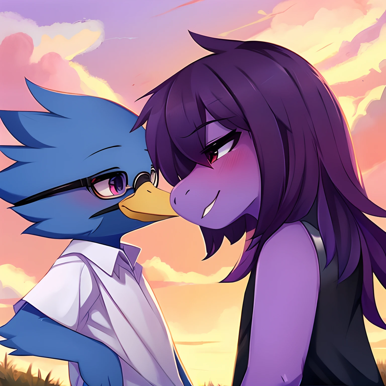 Score_9, score_8_up, score_7_up, sera, an Anthro avian crow girl, female, small grey beak, tall, small crow tail, black body, standing, simple white background, purple eyes, short black emo hair, purple highlights in hair, naked, she is sitting on a counter top, sex, missionary sex, she is getting fucked by a faceless human male, human male is cropped out, side view, male is standing