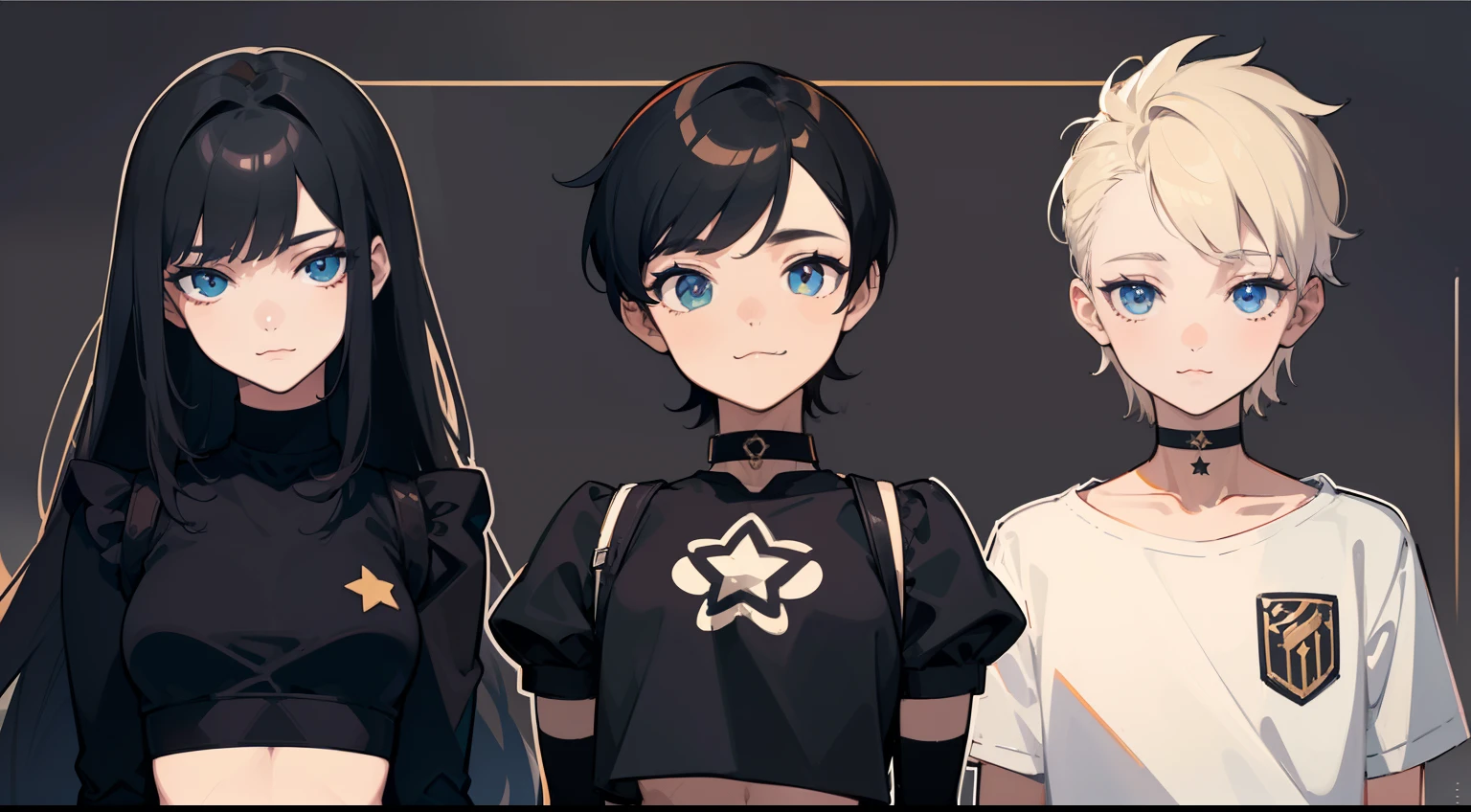 ((Masterpiece, Highest quality)), Detailed face, character sheets, full bodyesbian, Full of details, Multiple poses and expressions, Highly detailed, Depth, Many parts, 1boys , Children all over the body :3, Black crop top, mitts, Stockings, Black choker, The eye, Star (symbol), pupils in symbol shapes