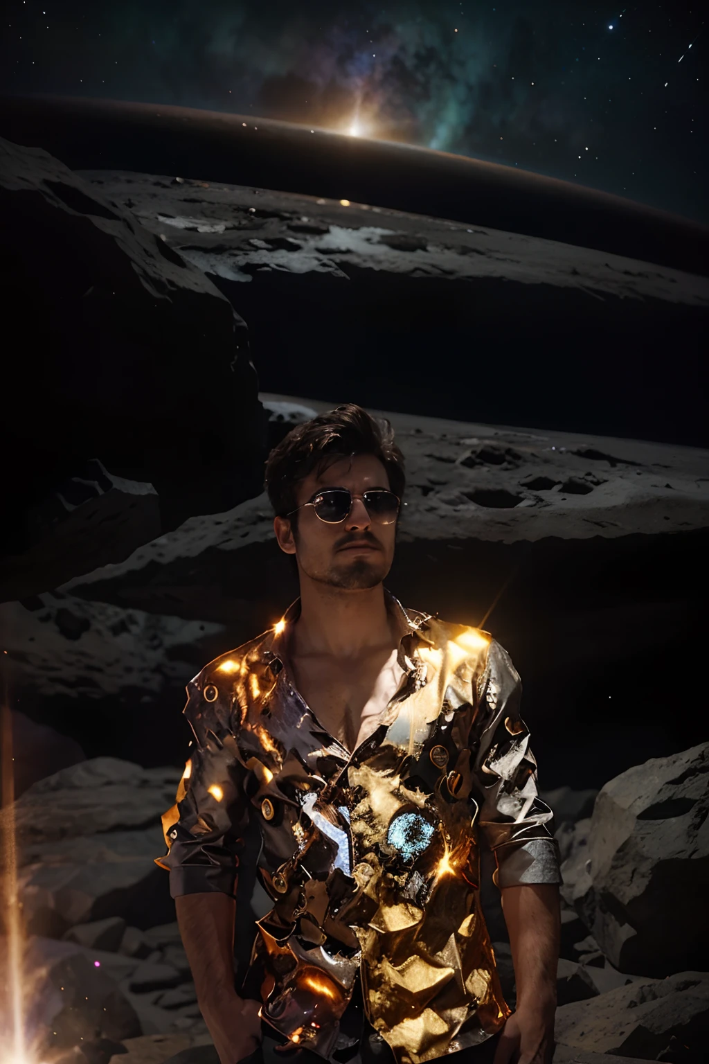 Draw a young programmer, sitting on a research platform floating in the middle of an asteroid belt. He is studying with a notebook, surrounded by several asteroids glowing with fiery auras. Dramatic lighting from distant stars and planets illuminates the scene, casting deep shadows on the suit. The young man looks confident and determined, looking at the vast and mysterious universe with wonder and respect,facial hair, cowboy shot,