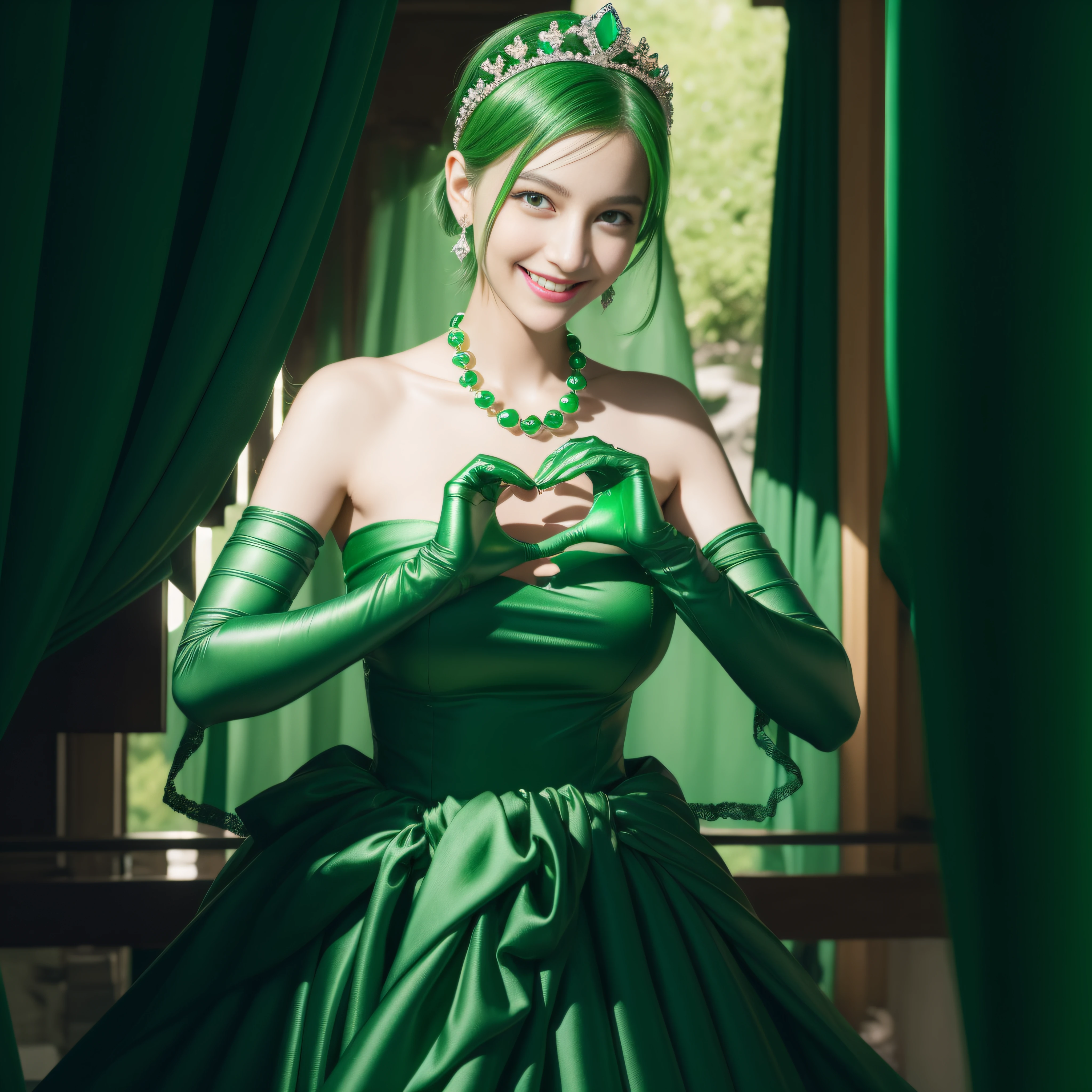 emerald tiara, Green Pearl Necklace, Boyish very short green hair, lipsticks, Japan woman smiling, very short short hair, big breasts beautiful, Green eyes, Long green gloves made of satin material, Green eyes, Emerald Earrings, green vale, Heart with both hands
