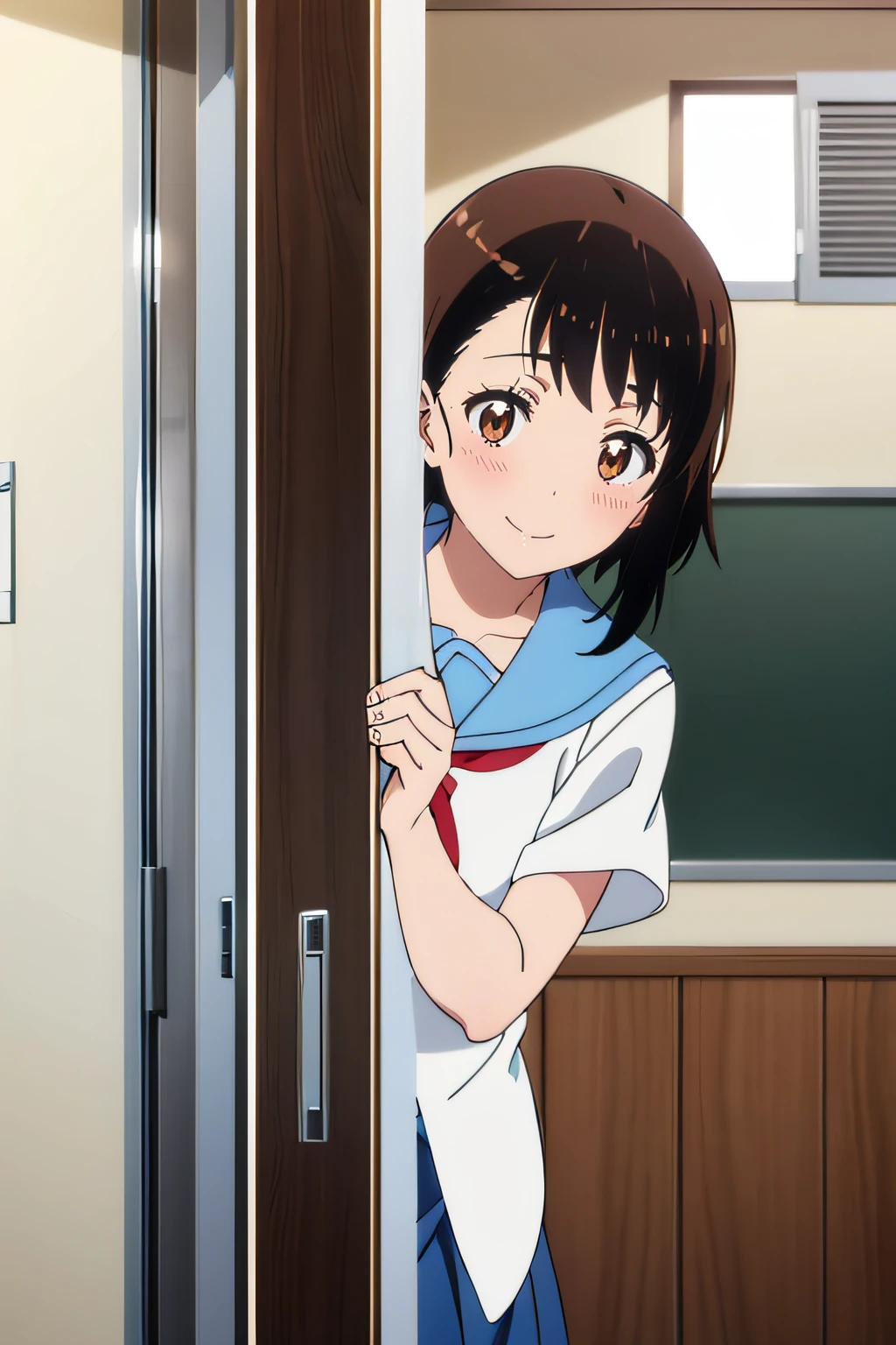 Evening School Classroom、Sailor suit with light blue collar、Wearing a dark blue skirt、red blush、gently smiling、Sepia tone、Brown-eyed、light brown shorthair, Peeking through the classroom door