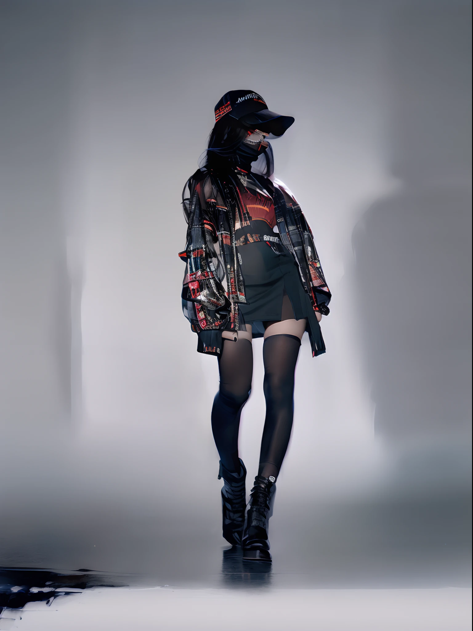 female pervert，cabelos preto e longos，Blood-red pupils，Sci-fi jacket with black and red，Bring a hat，Black mask，Short black skirt with black stockings，Beautiful figure，The proportions are correct，higher details