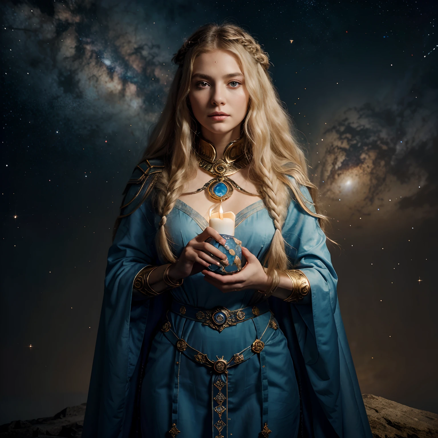 masterpiece、top-quality、Official art、Extreme details、Stellar lumen、cosmic space、Milky way、Mysteries of the universe、Silence、Cosmic Light、Goddess of Wisdom、Inherited Intents、Memory of antiquity、sapphire eyes、Long Blonde Hair、Tall and lean、sacredness、pure、resolute、noble、mercy、Deep insight、Leader of the Immigrant Corps