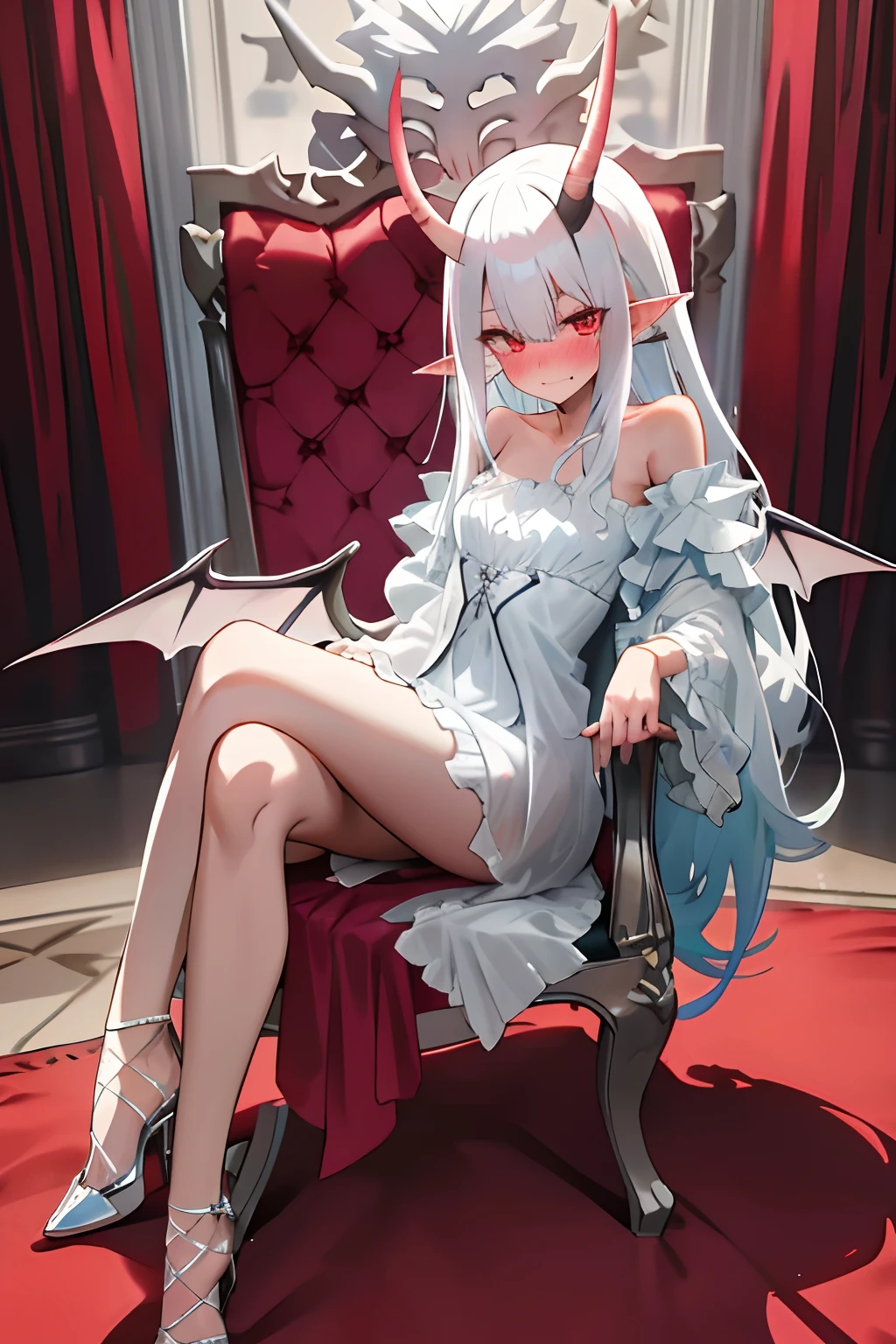 One girl with long hair, white hair, looking at viewer, embarrassed, blushing, indoor , oversized naked night gown, thigh, pointy ears, demon wings, demon king, demon horn, sit on, chair, queen chair, sexy pose, perfect body, perfect waist, crossed legs, high heels
