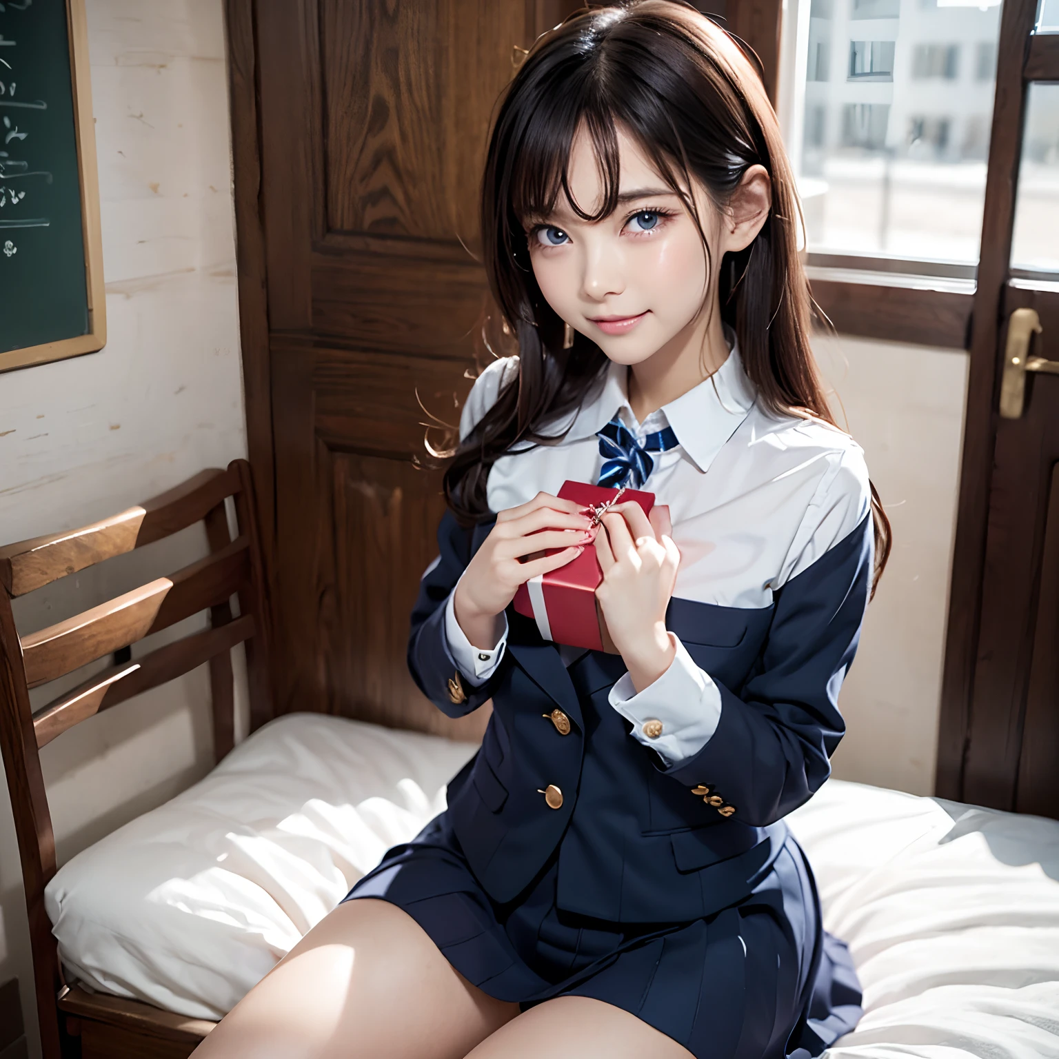 ulzzang -6500-v1.1, (Raw photo:1.2), (Photorealsitic), (Real:1.4), Classy elite girl sitting on a park bench, Phenomenally cute face、wearing japanese school uniform, (Ultra-realistic pantyhose:1.2)、japanese girl school uniform, Japan school uniform, wearing headmistress uniform, Young Pretty Gravure Idol, photograph taken in 2 0 2 0, dressed as schoolgirl, Wearing school uniform, Wearing a strict business suit, Young skinny gravure idol, Seifuku、Full-length and black stockings, 19-year-old girl, 1 8 I, Posing in the bedroom, nylon tights, Leg and thigh shots, Posing in bed, wearing in stocking