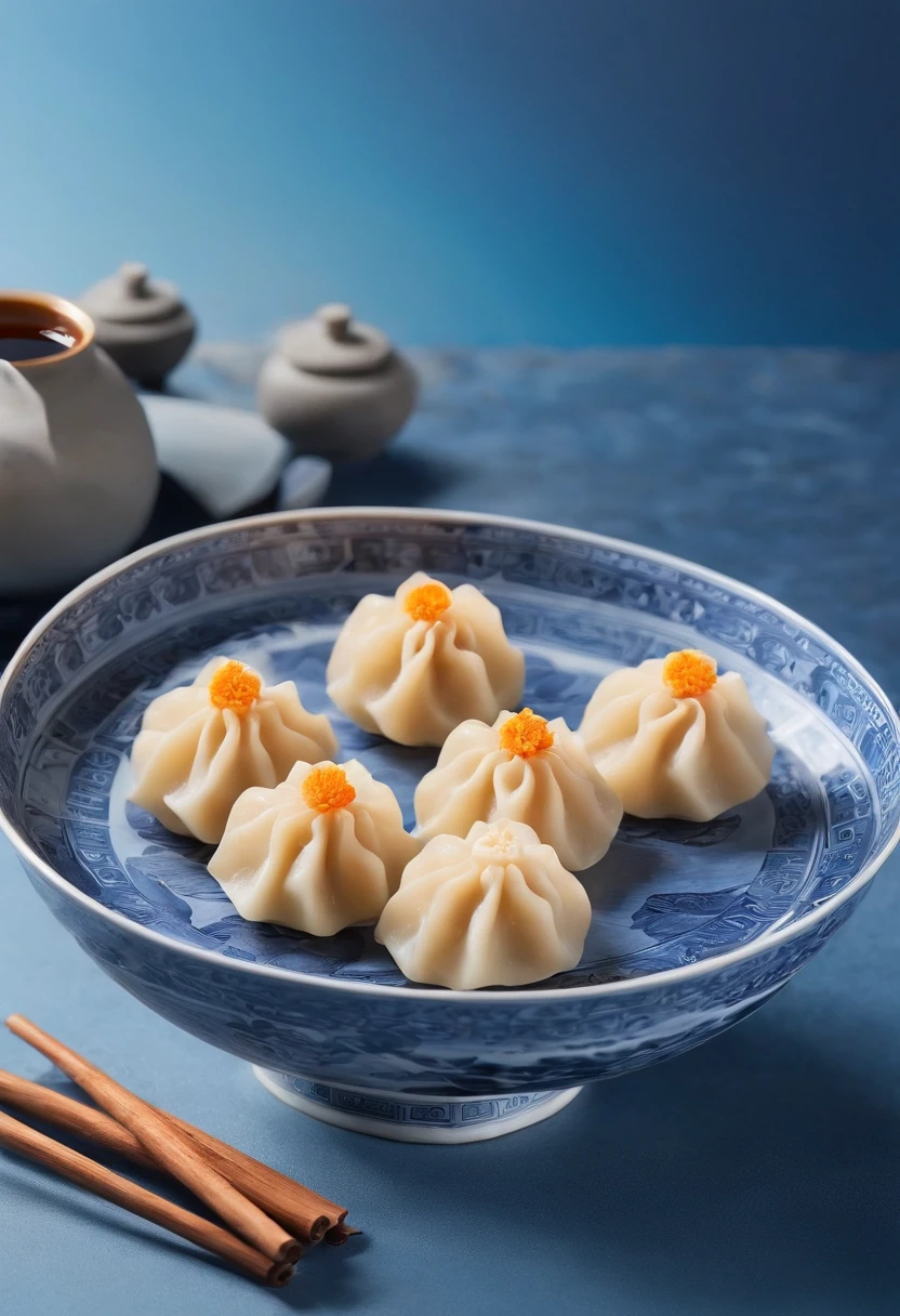 Mid-Autumn Festival,delicacies{{dumplings}},Tea,Full moon in the distance,Background of blue gradient,Anatomically correct,High quality, Best quality, A high resolution, chinese background