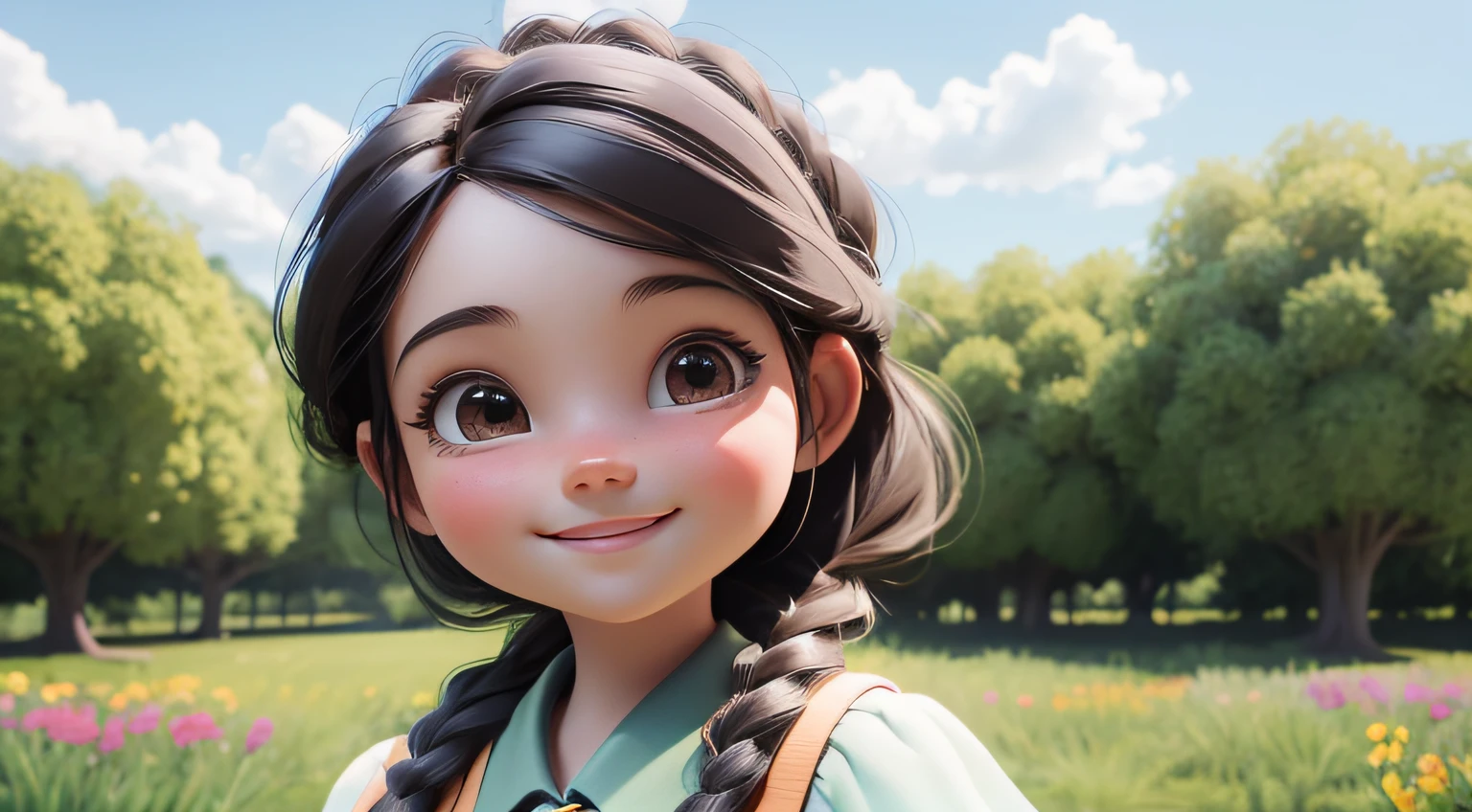 a close-up view of a cute young schoolgirl in braids standing with a smile, background is full of trees, flowers, grasses and the school building and field, daytime, 3D pixar style, High-res