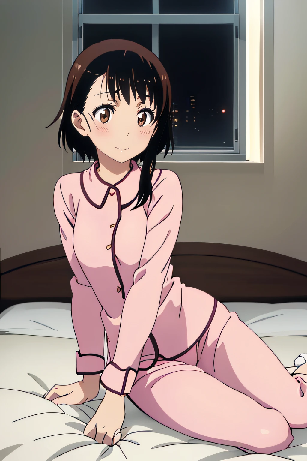 Pink pajamas with front buttons、with blush cheeks、Keep your eyes wide open、gently smiling、Sepia tone、Brown-eyed、light brown shorthair, White sexy underwear、Lying on a bed in a dimly lit bedroom、From the window you can see the moon at night