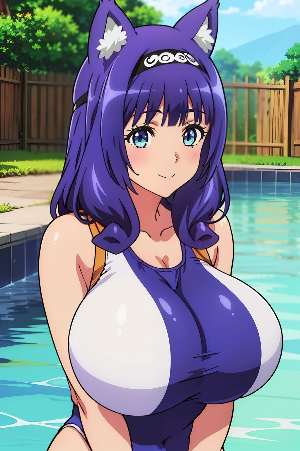 anime cels style, best quality, high resolution, pool,1girl, hitamu_kyan_futokunoguild, purple_hair, bangs, animal_ears, animal_ear_fluff, blunt_bangs, hairband, blue_eyes, long_hair, cat_ears, (huge breasts:1.4), blue competition swimsuit, smile, looking at viewer