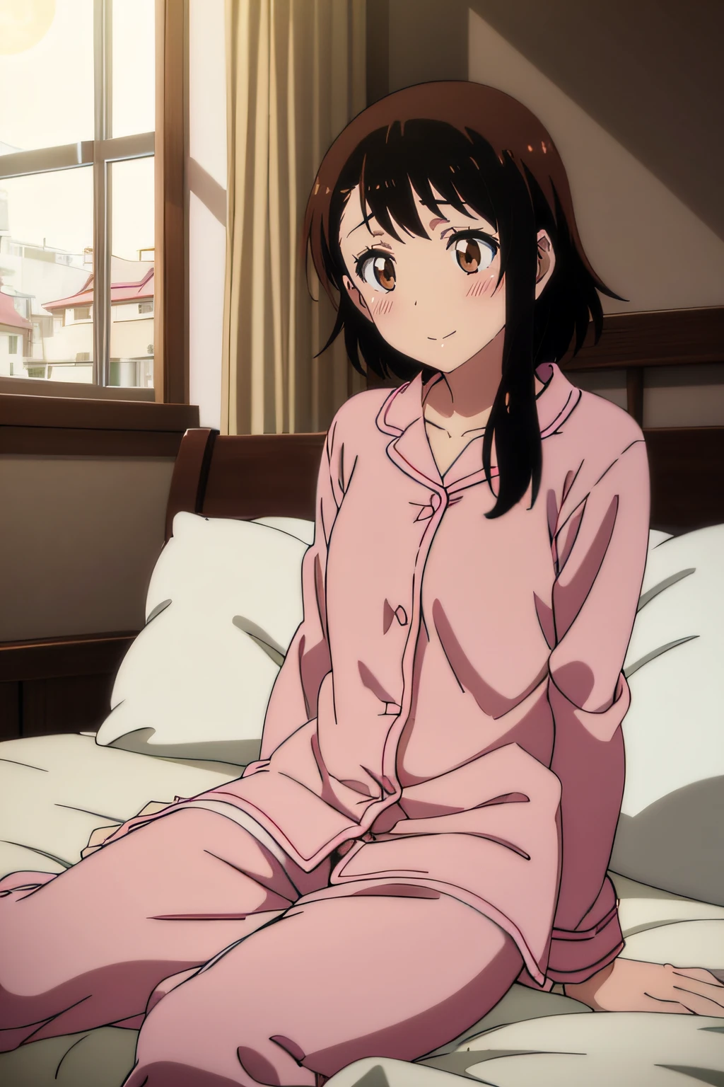 Pink pajamas with front buttons、with blush cheeks、Keep your eyes wide open、gently smiling、Sepia tone、Brown-eyed、light brown shorthair, White sexy underwear、Lying on bed in a dimly lit bedroom、From the window you can see the moon at night、Enraptured look