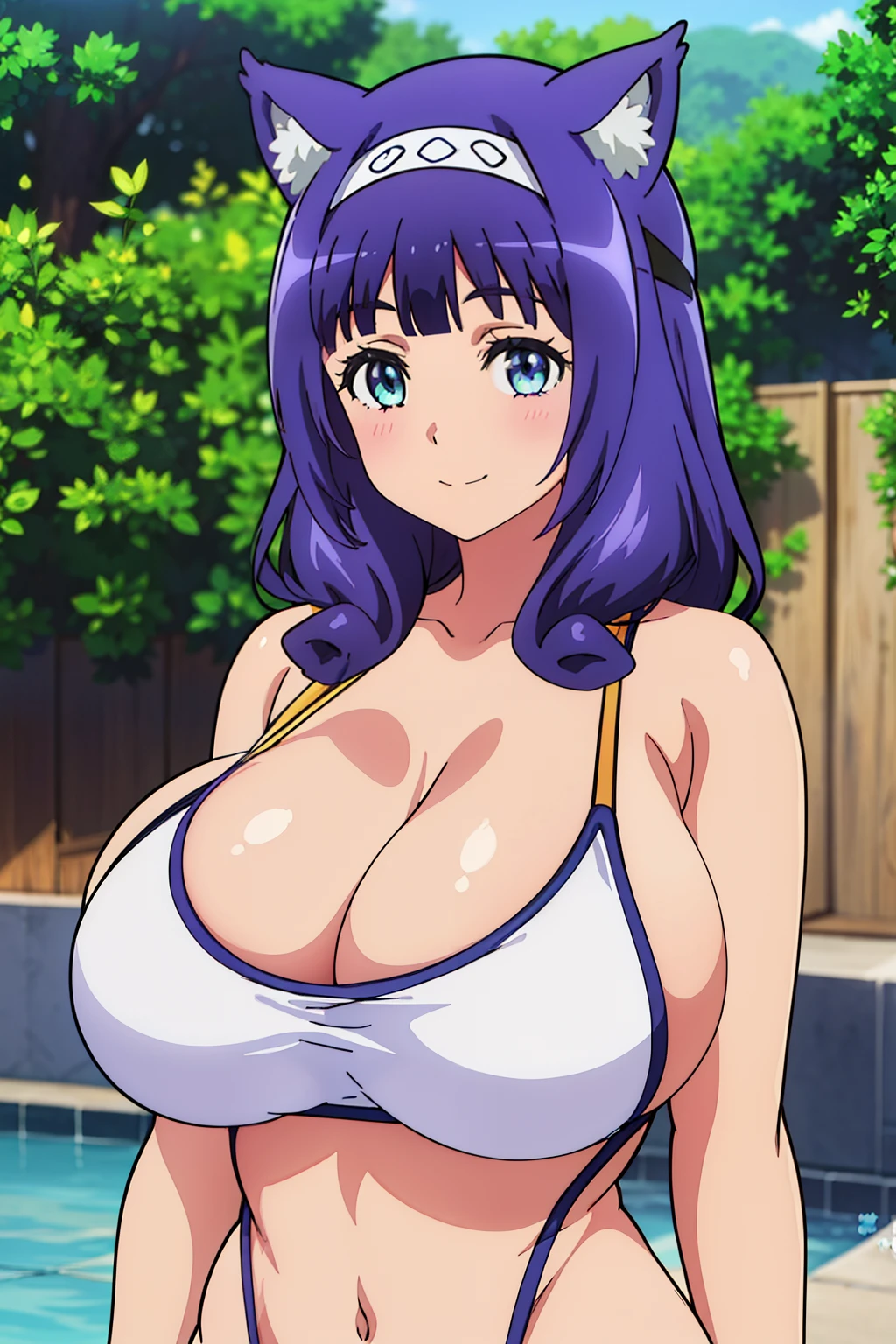 anime cels style, best quality, high resolution, pool,1girl, hitamu_kyan_futokunoguild, purple_hair, bangs, animal_ears, animal_ear_fluff, blunt_bangs, hairband, blue_eyes, long_hair, cat_ears, (huge breasts:1.4), blue competition swimsuit, smile, looking at viewer