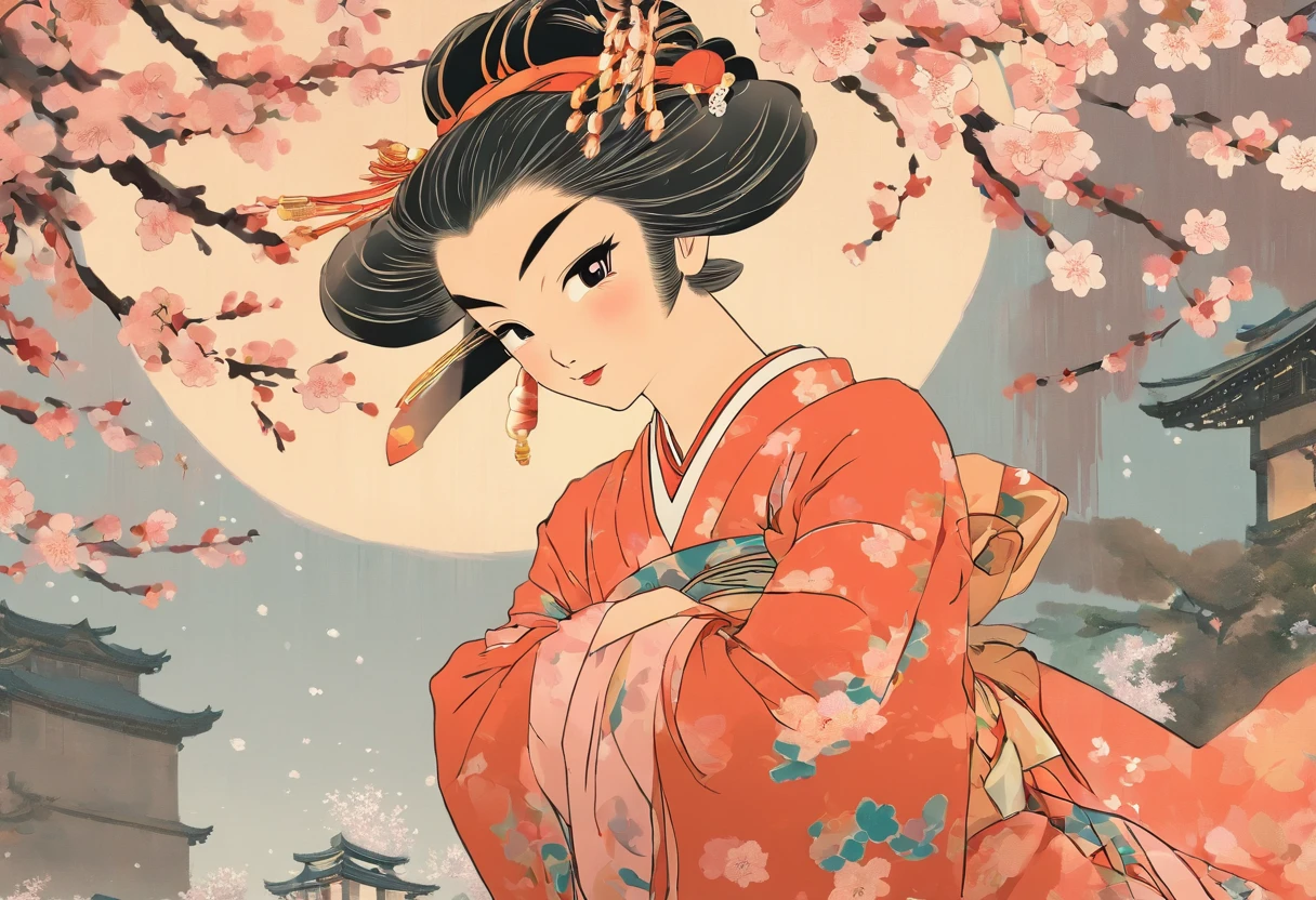 Masterpiece、top-quality、ukiyoe painting, woman dancing with sakura petals, cherry blossom trees