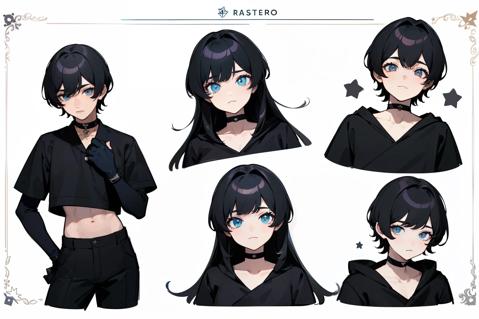 ((Masterpiece, Highest quality)), Detailed face, character sheets, full bodyesbian, Full of details, Multiple poses and expressions, Highly detailed, Depth, Many parts, 1boys , Children all over the body :3,  Black crop top， mitts, Stockings, Black choker, The eye, Star (symbol), pupils in symbol shapes