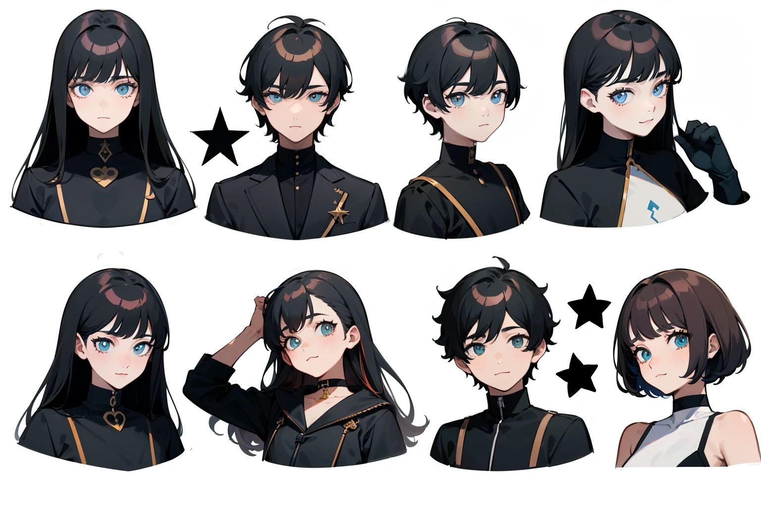 ((Masterpiece, Highest quality)), Detailed face, character sheets, full bodyesbian, Full of details, Multiple poses and expressions, Highly detailed, Depth, Many parts, 1boys , Children all over the body :3,  Black crop top， mitts, Stockings, Black choker, The eye, Star (symbol), pupils in symbol shapes