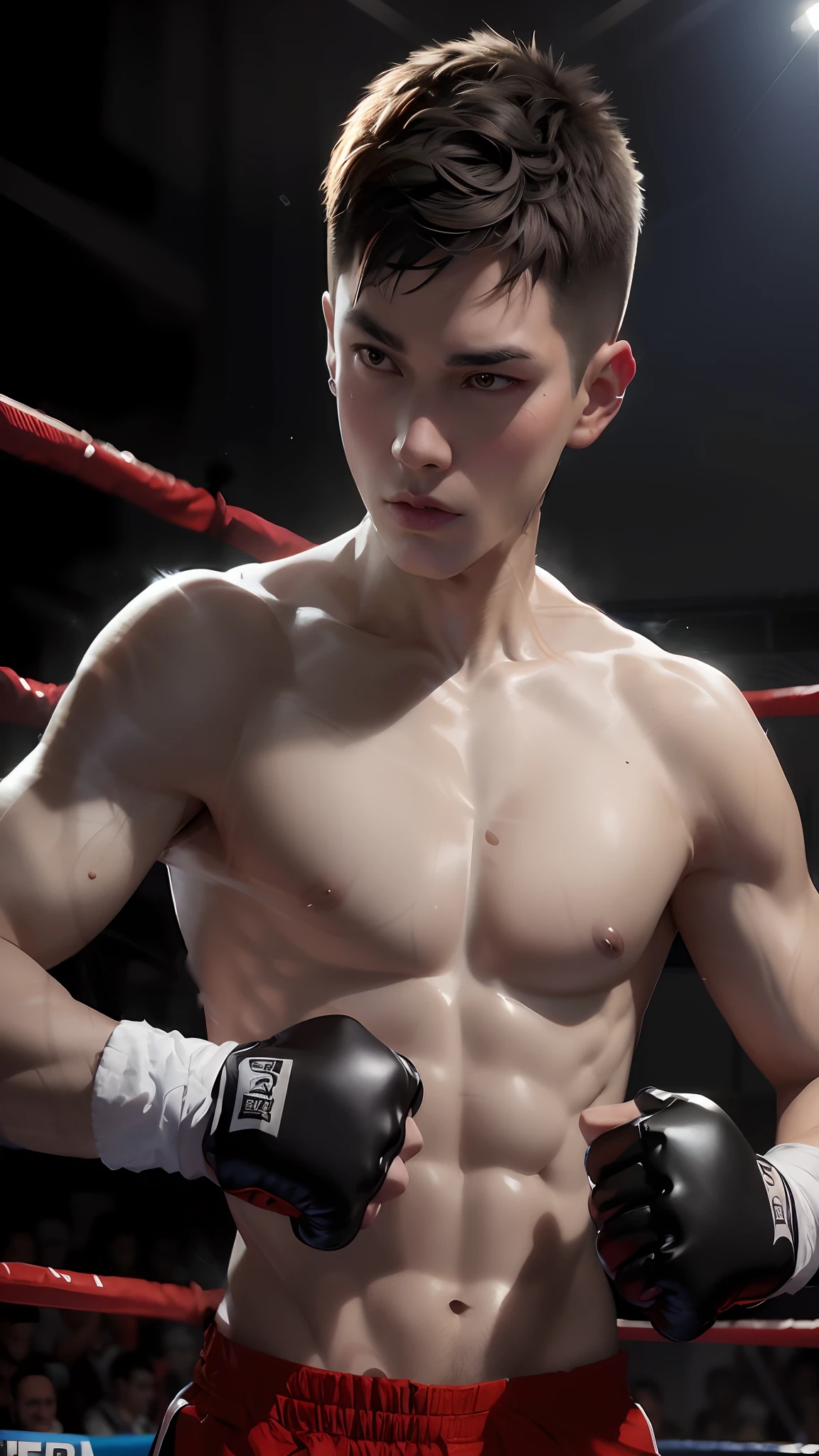 There was a man standing in the boxing ring., Fighter Plane Posture, yanjun chengt, In the boxing ring, Combat moves, inspired by Yanjun Cheng, Fighting game characters, chengwei pan on artstation, In a combat position., cai xukun, In combat, Realistic. cheng yi, muscular character, Posing ready for battle