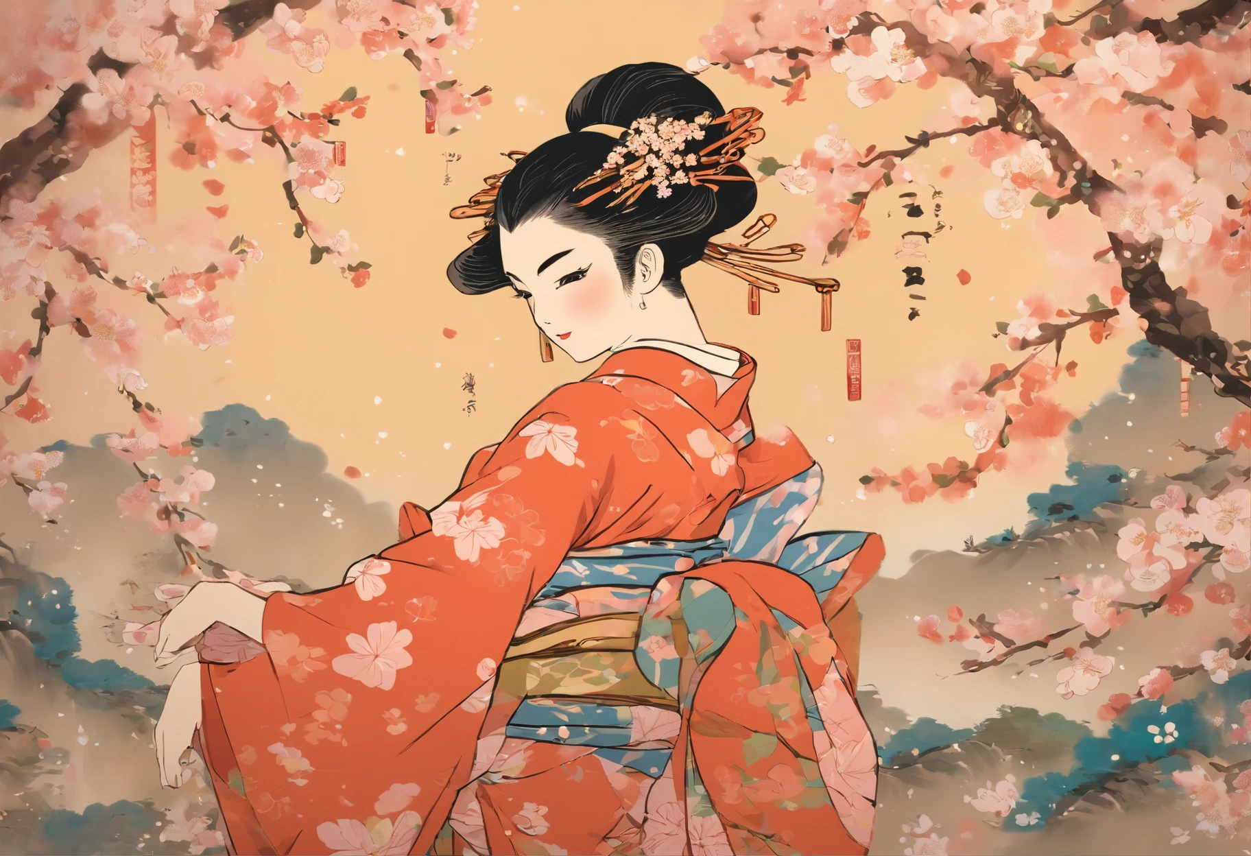 Masterpiece、top-quality、ukiyoe painting, woman dancing with sakura petals, cherry blossom trees