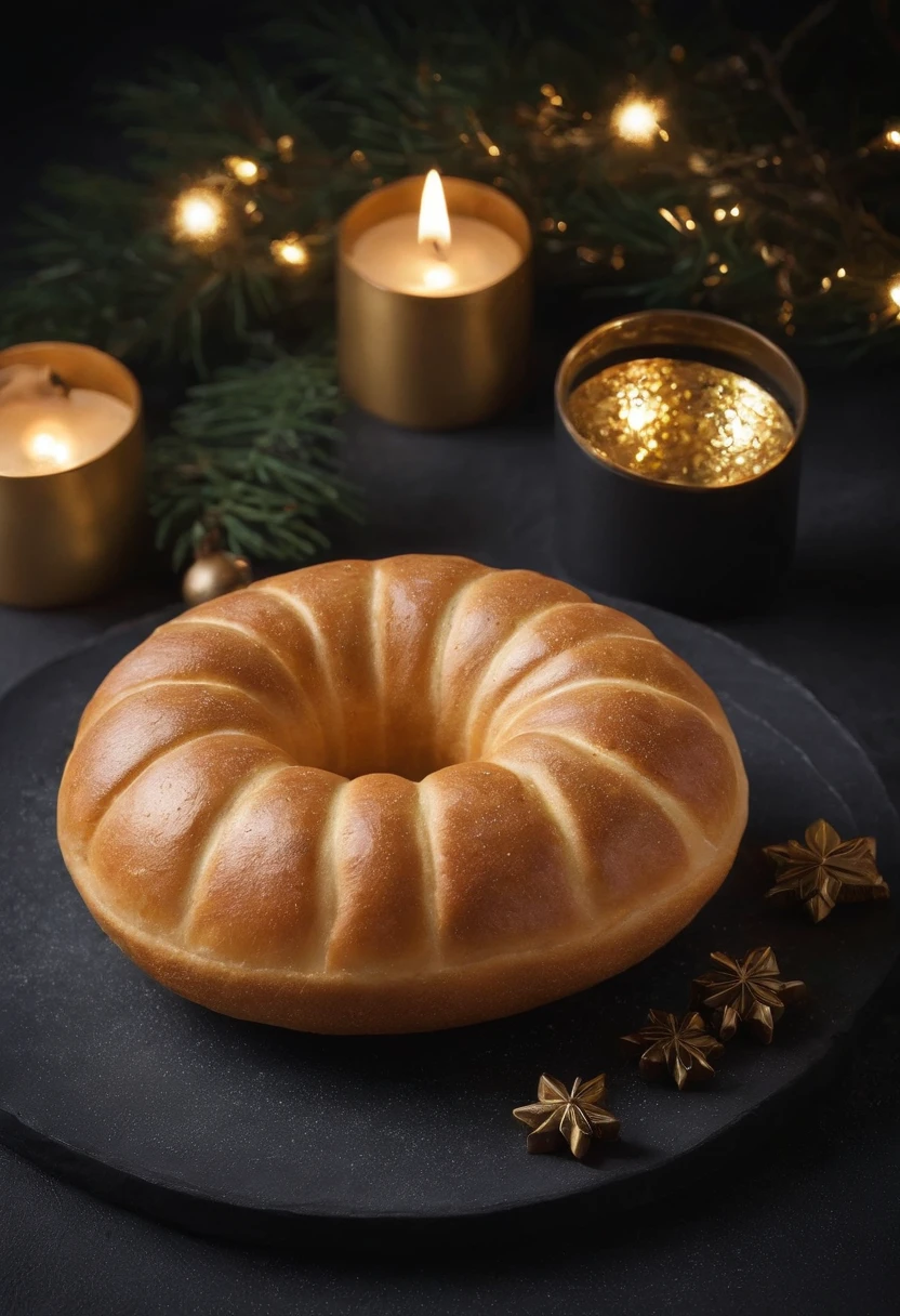 Christmas festival,delicious food{{meat bun}},golden ring light,golden light in the distance,Glitter black gradient background,Anatomically correct,High quality,Best quality,Resolution high prize