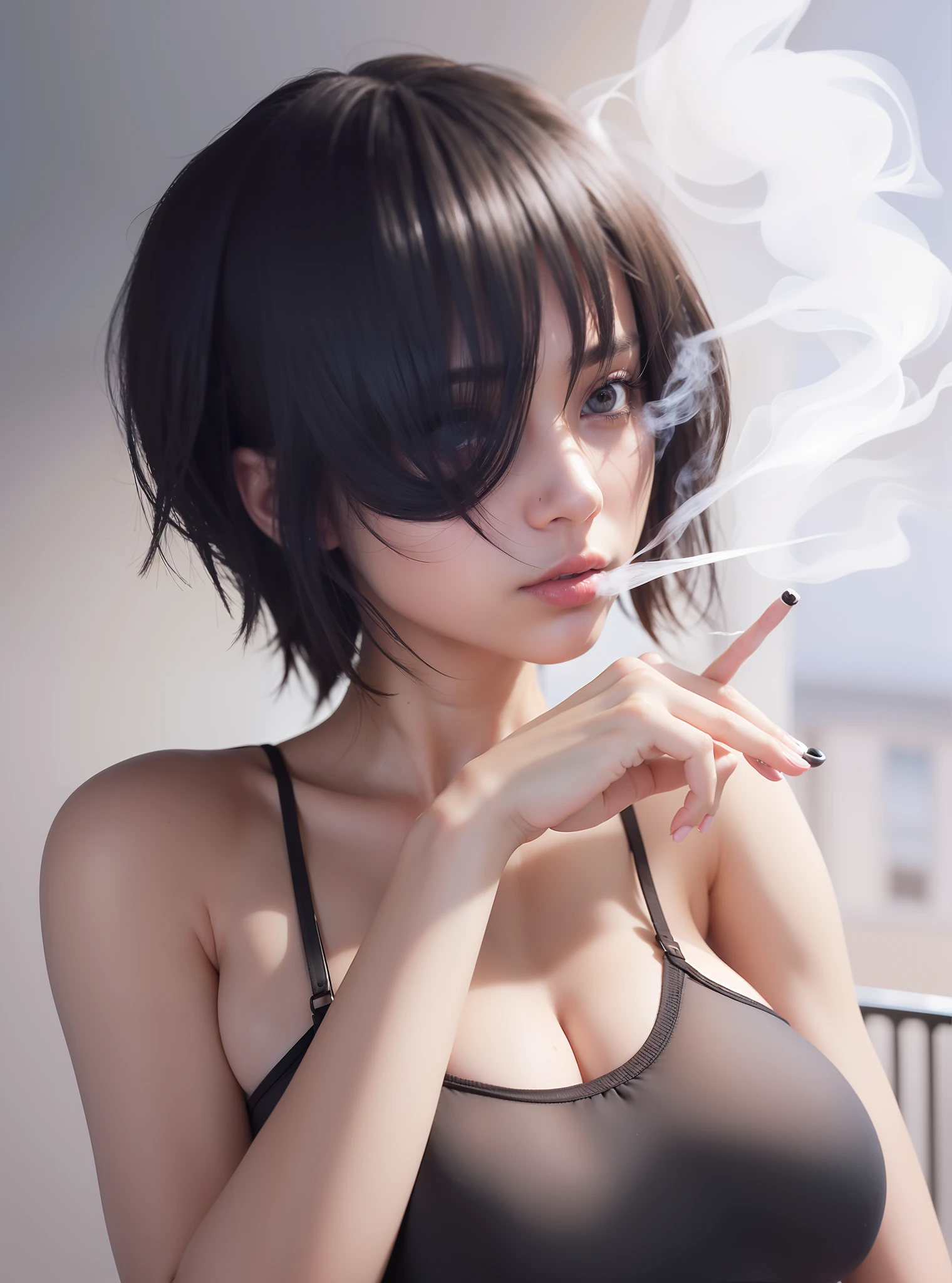 A girl smoking cigarette in a black bra top, wearing a blindfold, seductive  girl, High quality image, masterpiece, detailed hair texture, detailed skin texture, detailed cloth texture, 8k, add fabric details, ultra detailed skin texture, ultra detailed photo, skin pores, cloth details, high skin details, realistic hair details