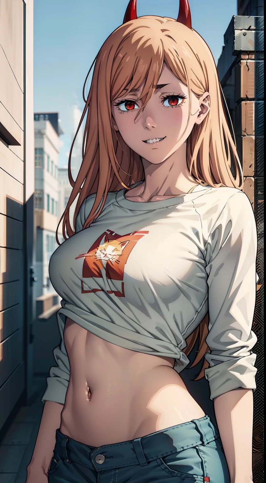 blue sweatshirt, ultra sharp image, Beautiful figure, little chest, Beautiful little breasts, sexypose, Mouth open in a smile, sharp teeth, laughting, holding on to his stomach, ultra detail face, Ultra Transparent, Chainsaw Man Energy, Two red sharp horns on the head, ultra sharp image, Ultra Beautiful, little chest. hairlong, blonde woman, Beautiful figure, taut clothes, T-shirt with the image of a cat, jean shorts, Shoes, red-eyes, Red crosses and circles instead of pupils, handsome body, sexy clothes, Beautiful eyes, very detailed eyes, Very detailed face, handsome body, Cherecter Desing, Very detailed, Detailed body, Detailed hands, Detailed, Vibrants, Detailed Face, sharp-focus, WLOP, artgerm, anime art, Vibrants, Detailed Face, Hugh Details, sharp-focus, Very drooping face, A detailed eye, super fine illustration, better shadow, finely detail, Beautiful detail