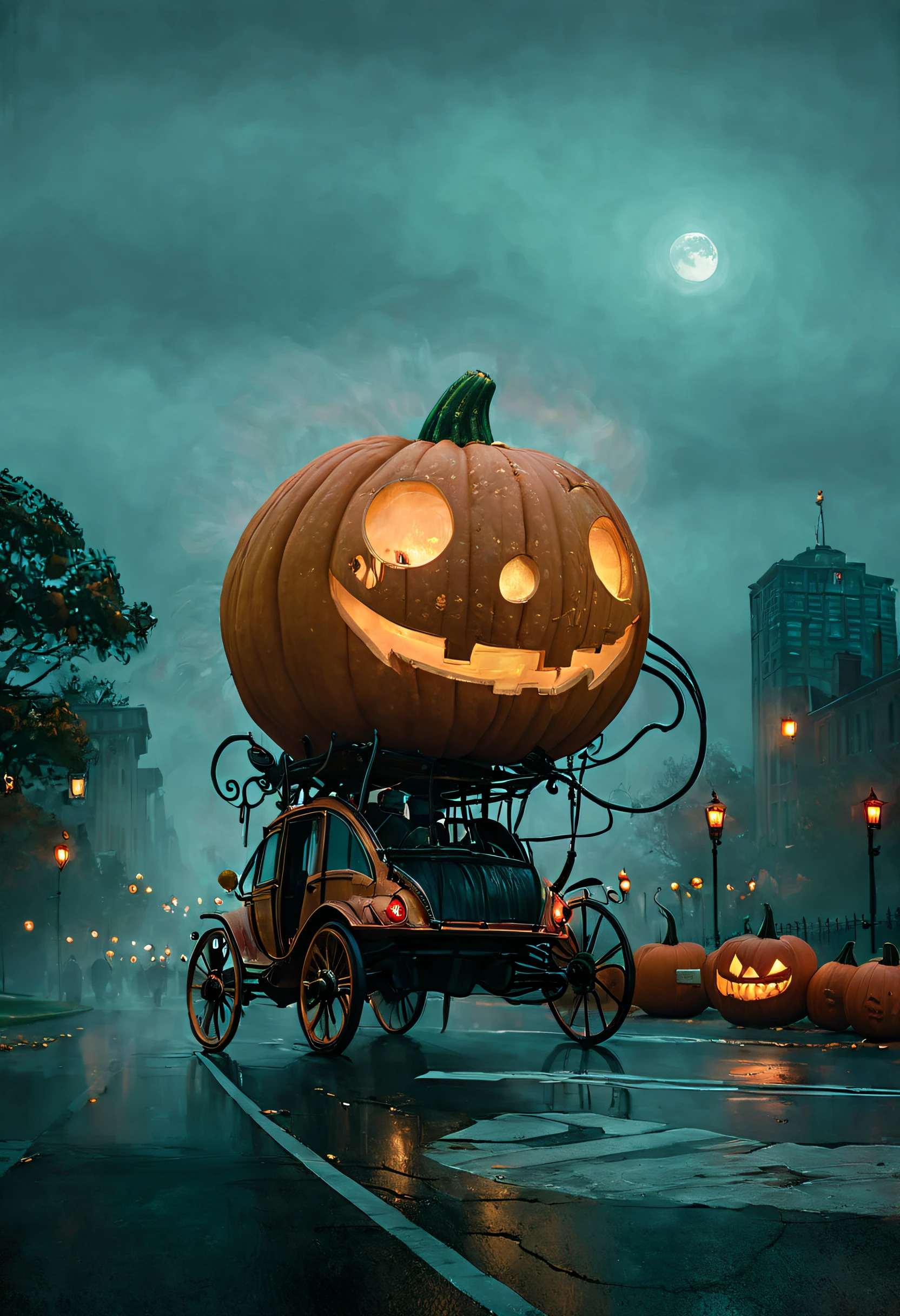 ssta, concept - Enchanted Pumpkin Carriage driving down city roadway at Dusk: A magical scene featuring a breathtaking pumpkin carriage, beautifully adorned with intricate carvings and glowing from within, is captured at dusk, surrounded by soft, warm light and mysterious, swirling mist, reflecting the fairytale charm and wonder of the enchanted vehicle, and contrasting with typical mundane reality.