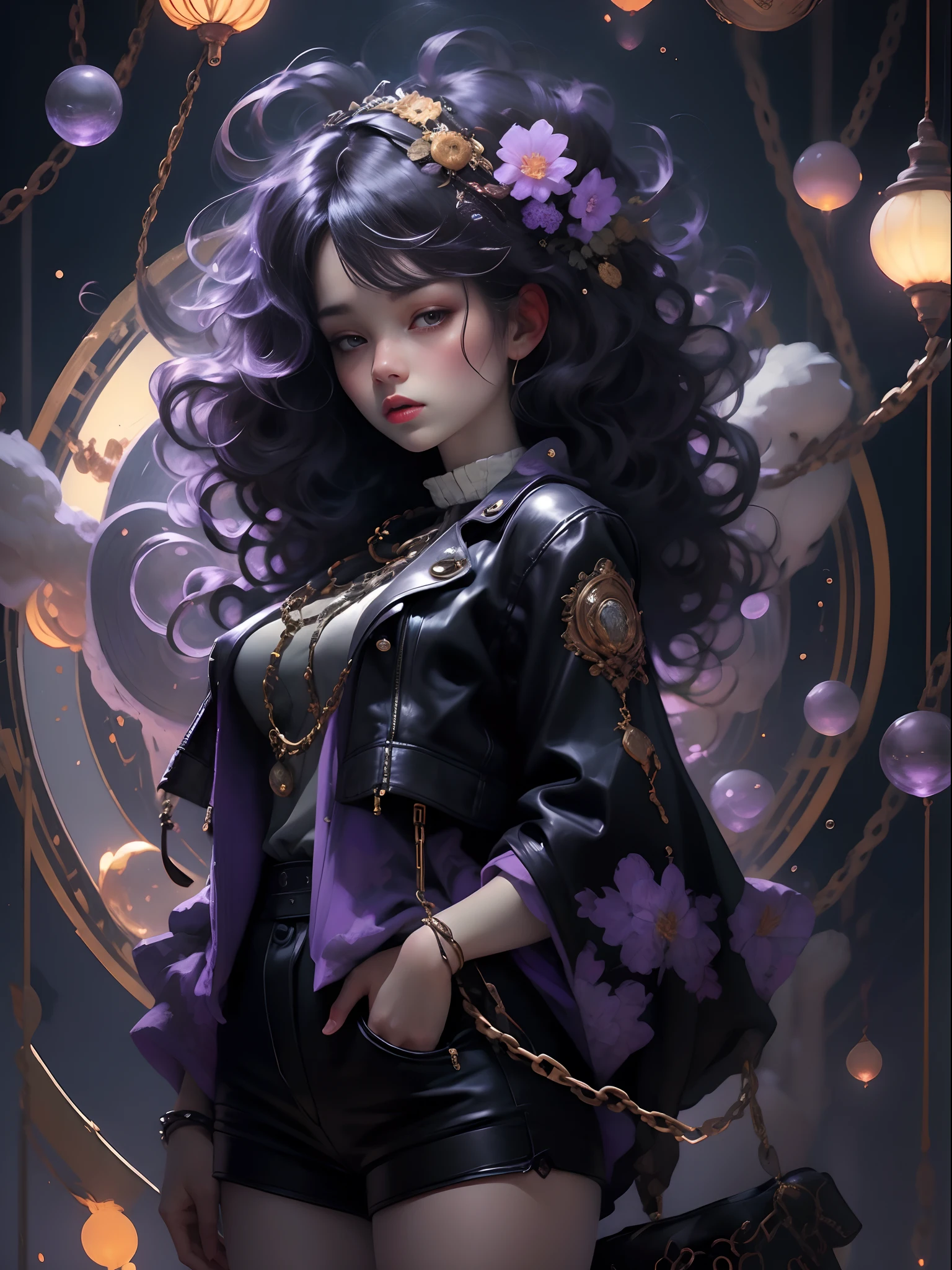 (1girl:1.3),solo,__body-parts__, official art, 8k unit wallpaper, ultra detailed, close-up on face, beautiful and aesthetic, gorgeous, masterpiece, best quality, fantastic atmosphere, calming palette, quiet mood, soft shading, priestess Miko, charm spell, family talisman, priestess duties, dark aesthetic, suit and tie with black leather shorts with many chains around the body and a black leather jacket,  Tokyo city in the background, (messy short purple hair),